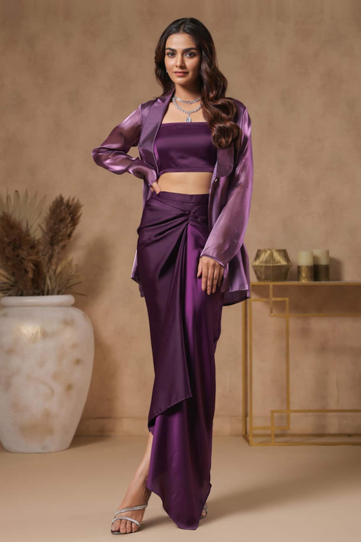 B'Infinite Royal Amethyst Solid Blazer Skirt Set 
