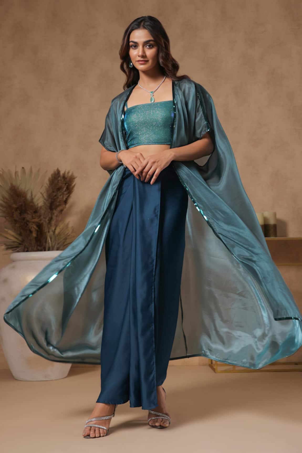B'Infinite Lagoon Placket Embellished Cape Skirt Set