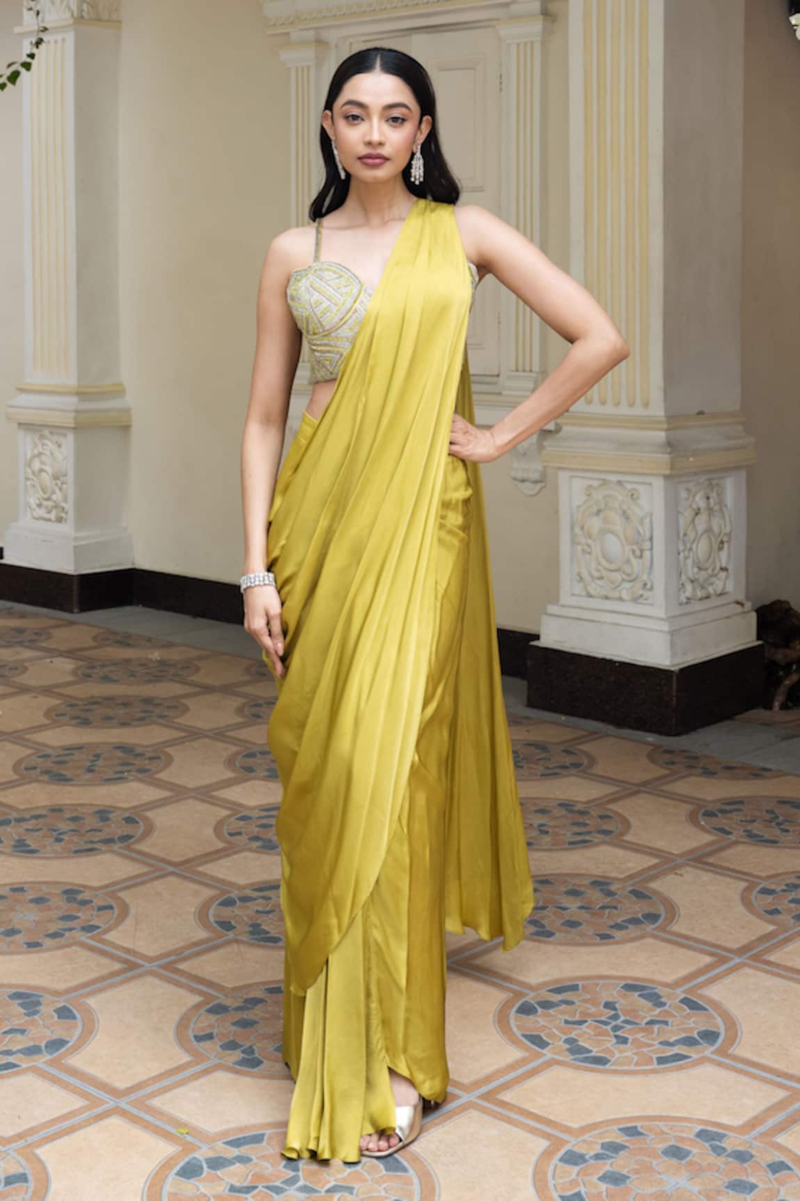 MEHAK SHARMA Solid Pre Draped Saree With Embellished Blouse
