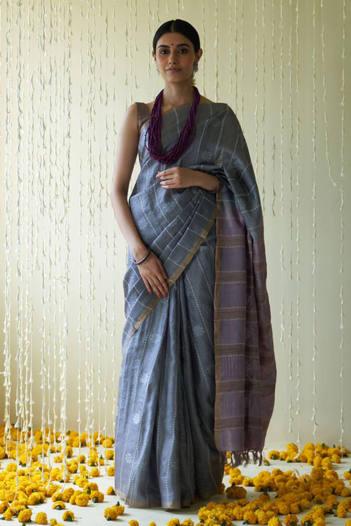Five Point Five Zeenat Striped Bloom Motif Saree With Running Blouse