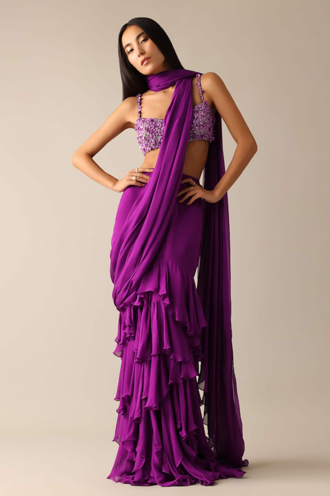 Deme X Kalki Darla Ruffle Pre-Draped Saree With Embroidered Blouse