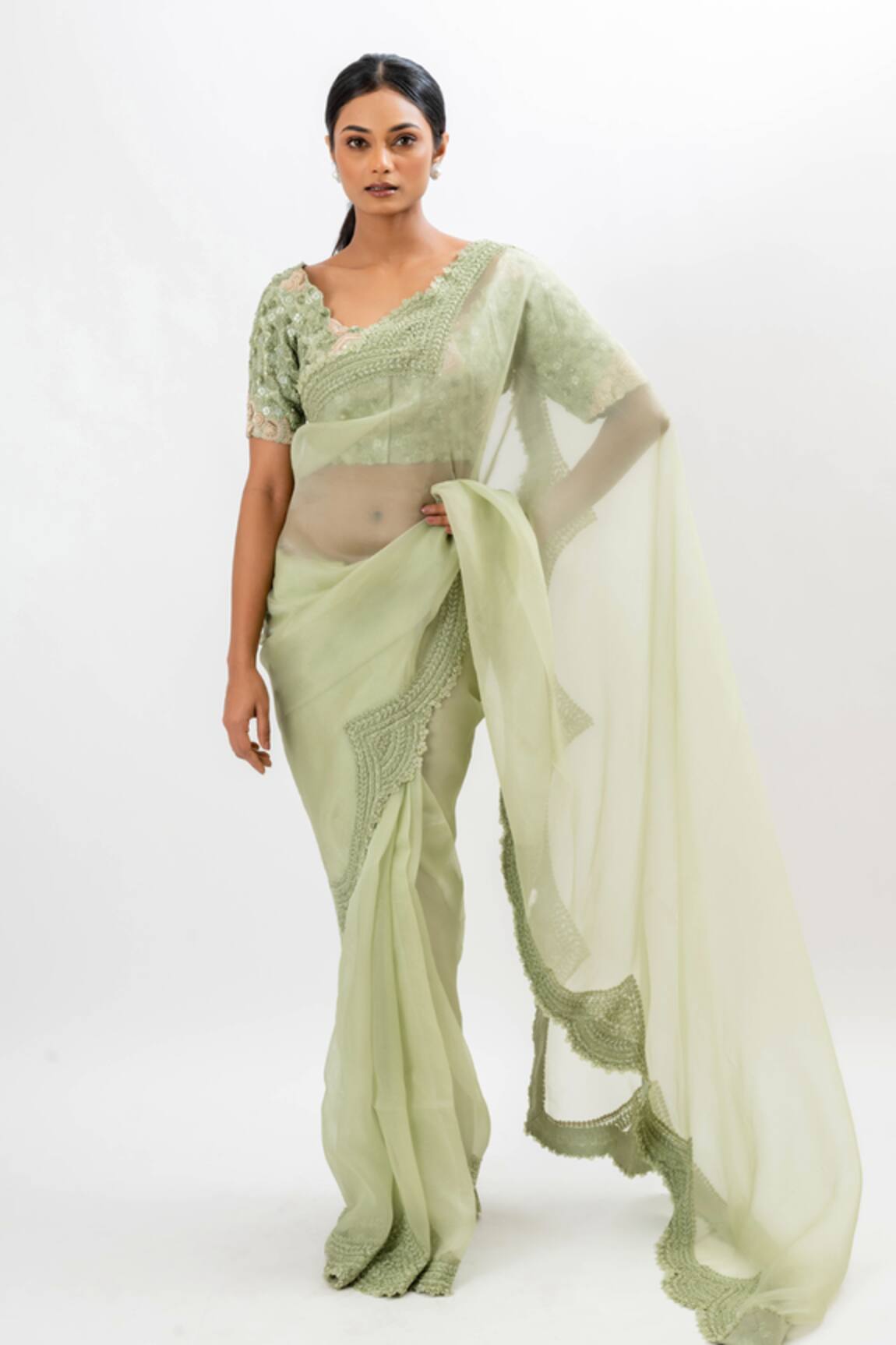 Oshi By Shikha Saree With Floral Hand Embroidered Blouse