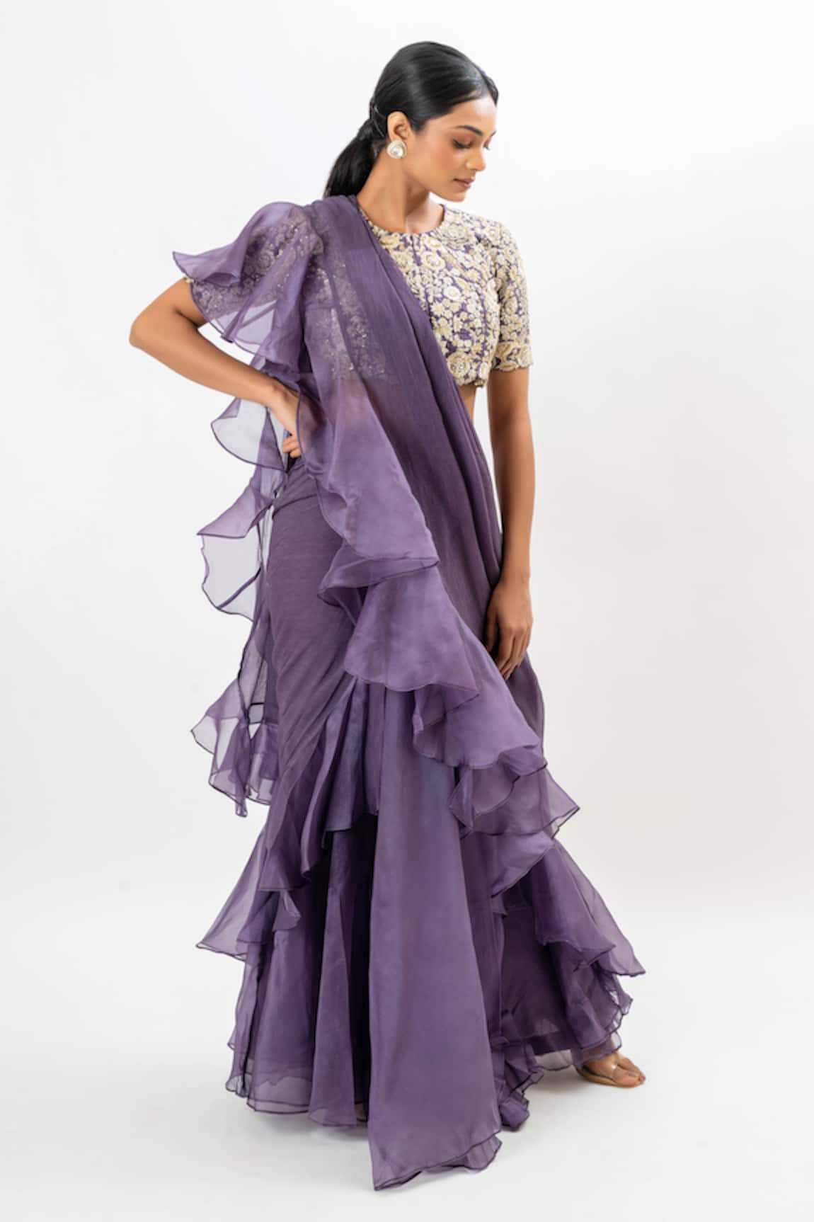 Oshi By Shikha Pre-Draped Ruffle Saree With Embroidered Blouse 