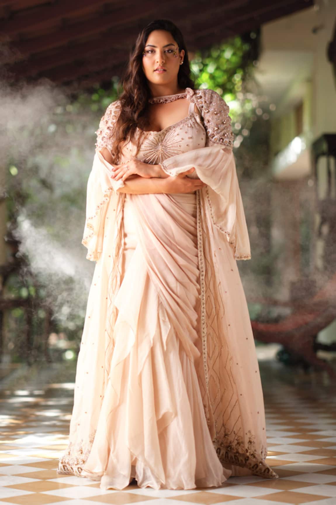Miku Kumar Embroidered Layered Cape & Pre-Draped Lehenga Saree Set 