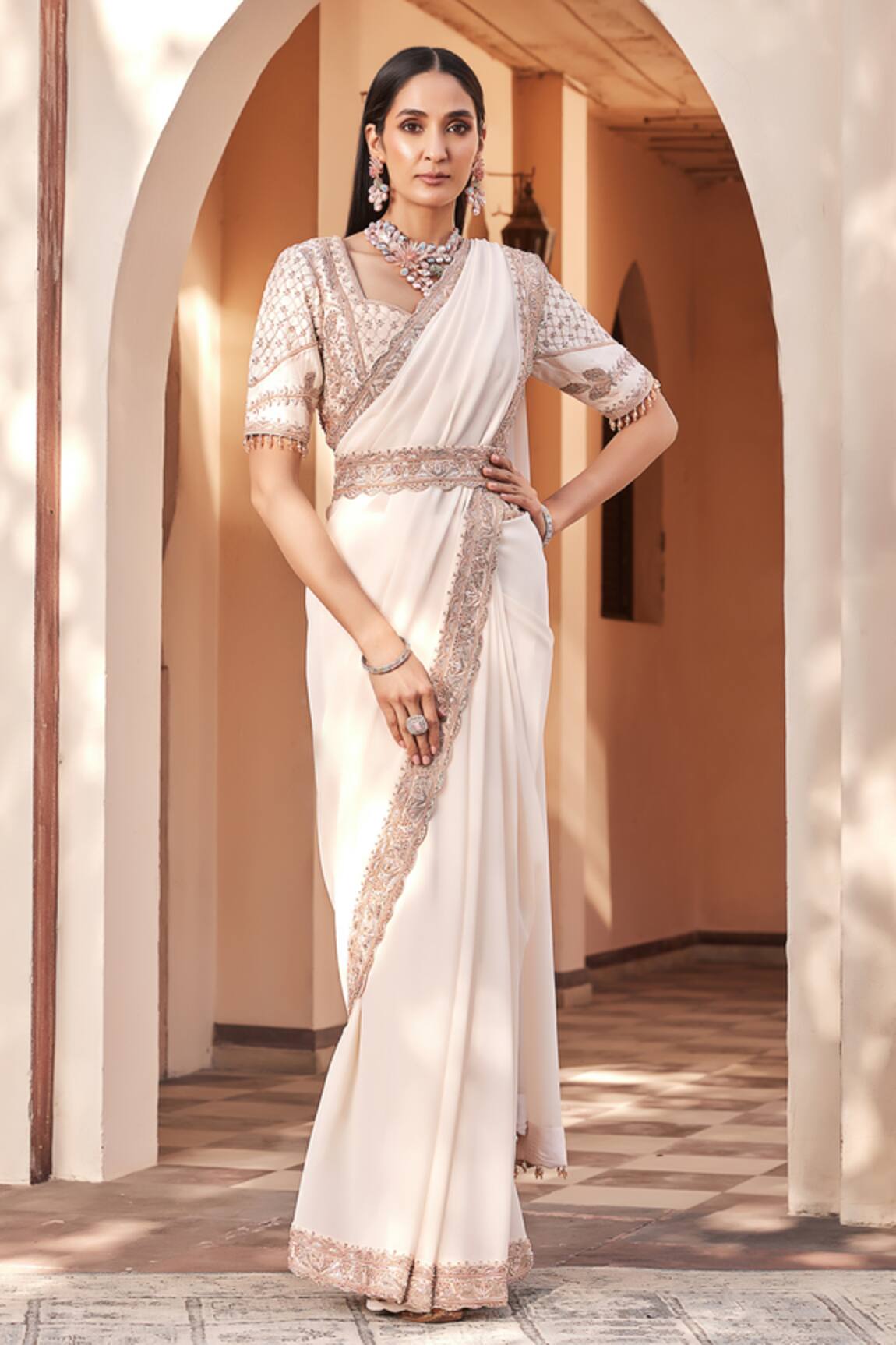 House Of Supriya Border Embroidered Saree With Blouse