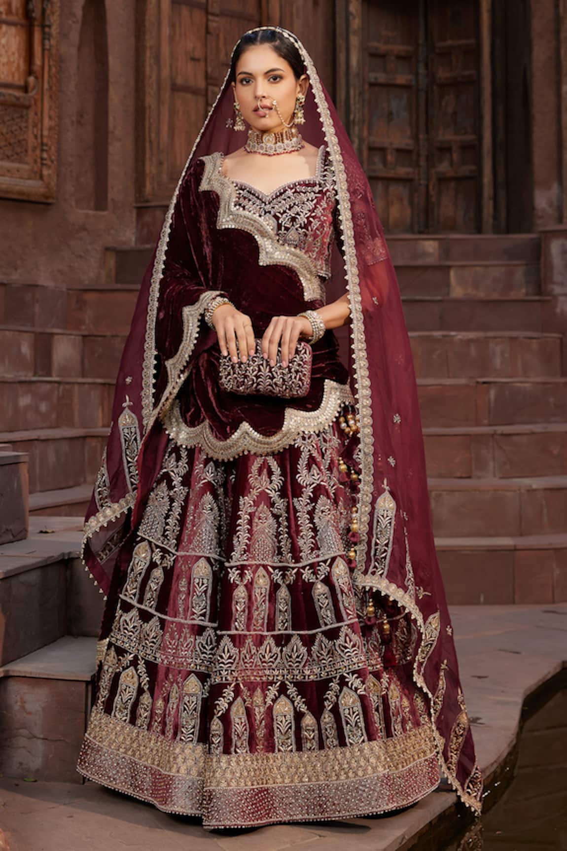 House Of Supriya Velvet Embroidered Bridal Lehenga Set