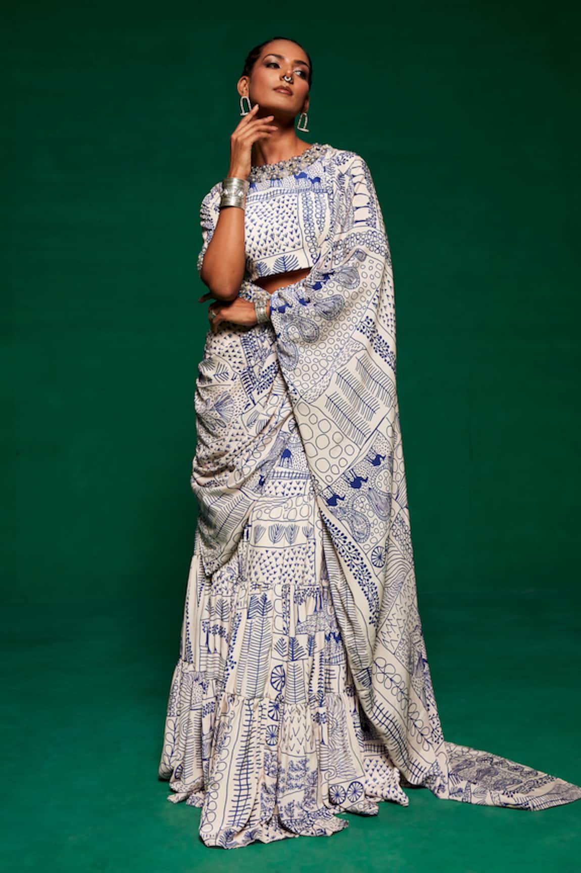 Payal & Zinal Geometric Print Pre-Draped Saree With Blouse