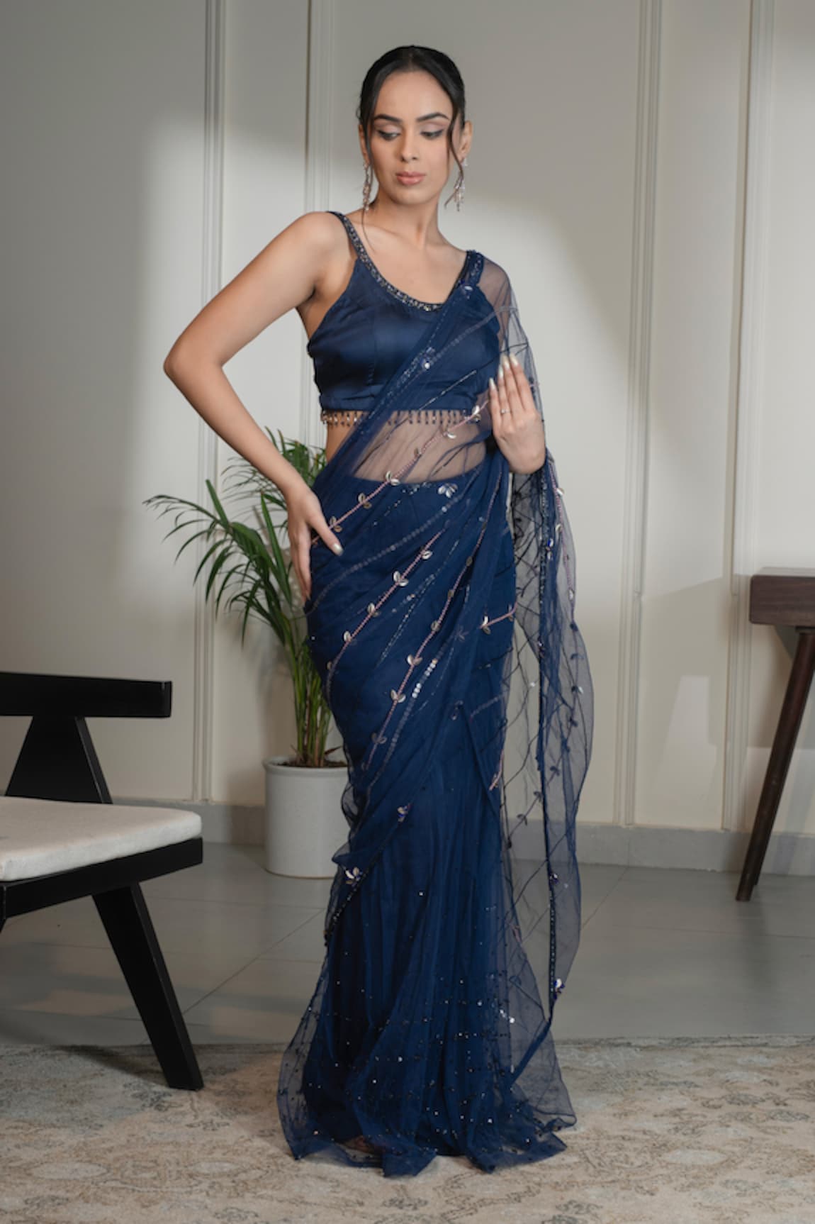 Saniya Sharma Pre-Draped Crystal Embellished Saree With Blouse