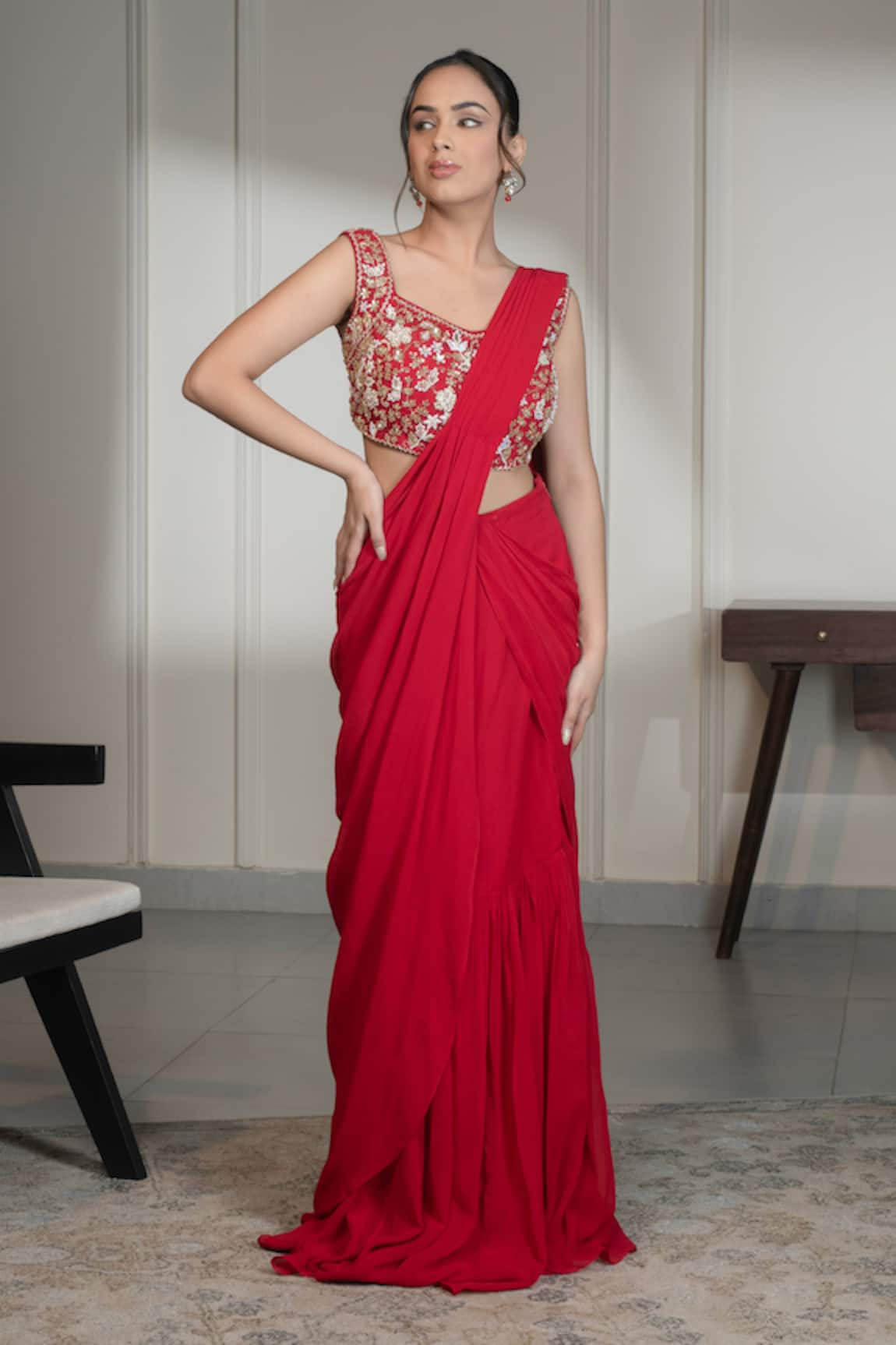 Saniya Sharma Pre-Draped Saree With Floral Embellished Blouse