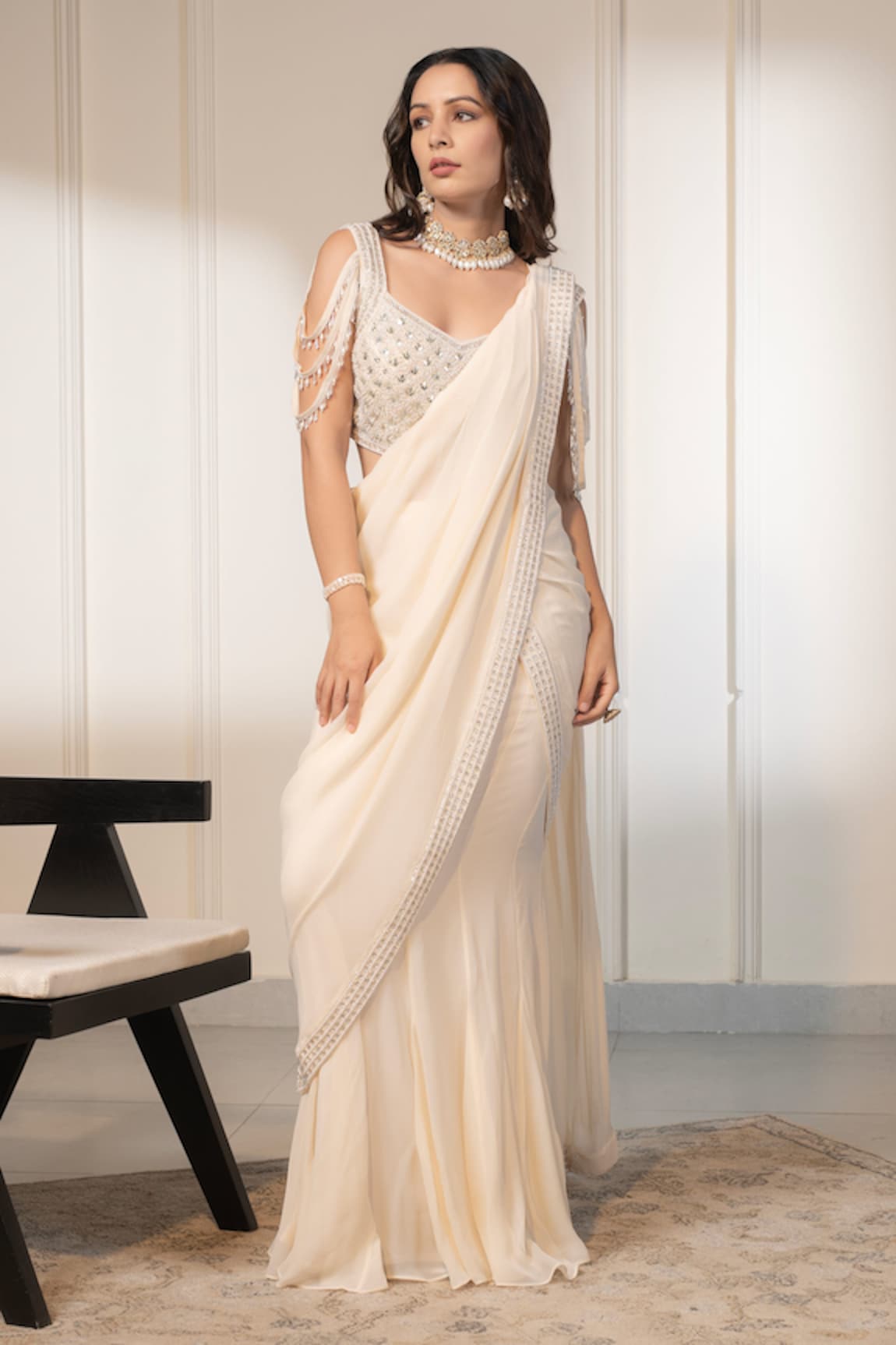 Saniya Sharma Pre-Draped Saree With Mirror Embellished Blouse