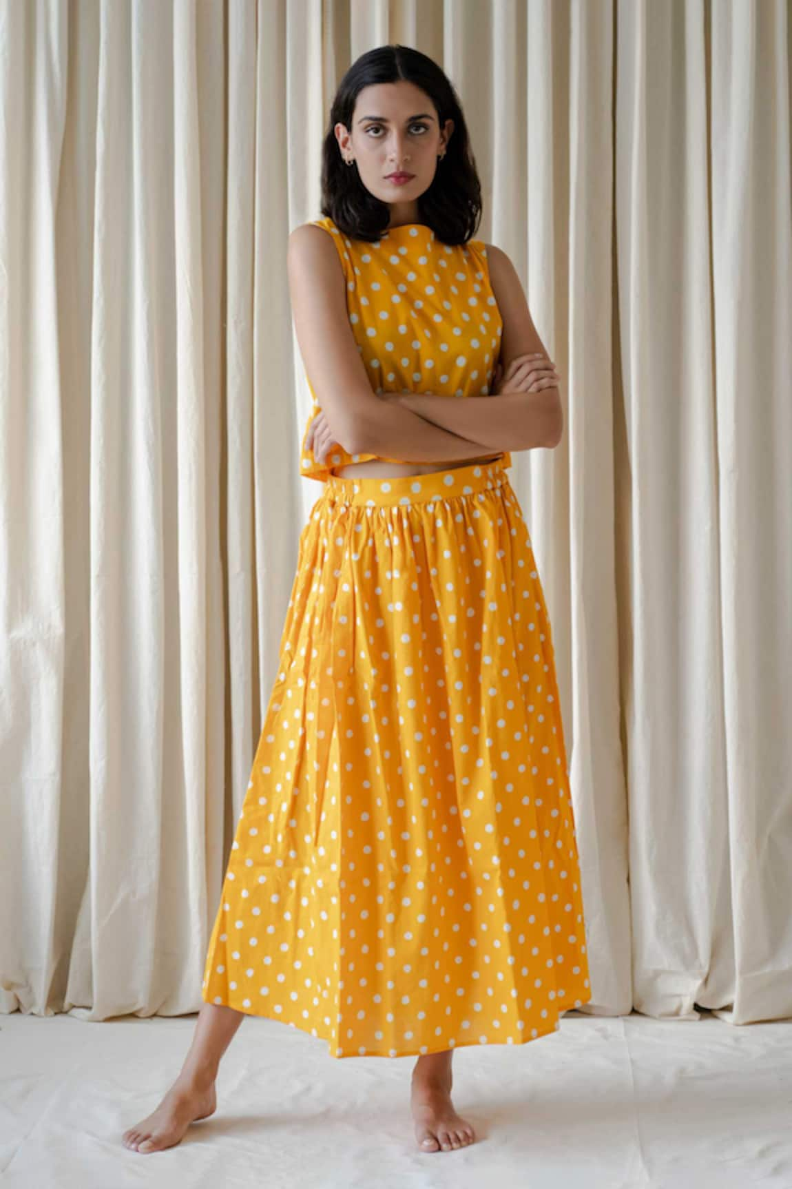 Vanaras Polka Dot Block Print Top & Skirt Set