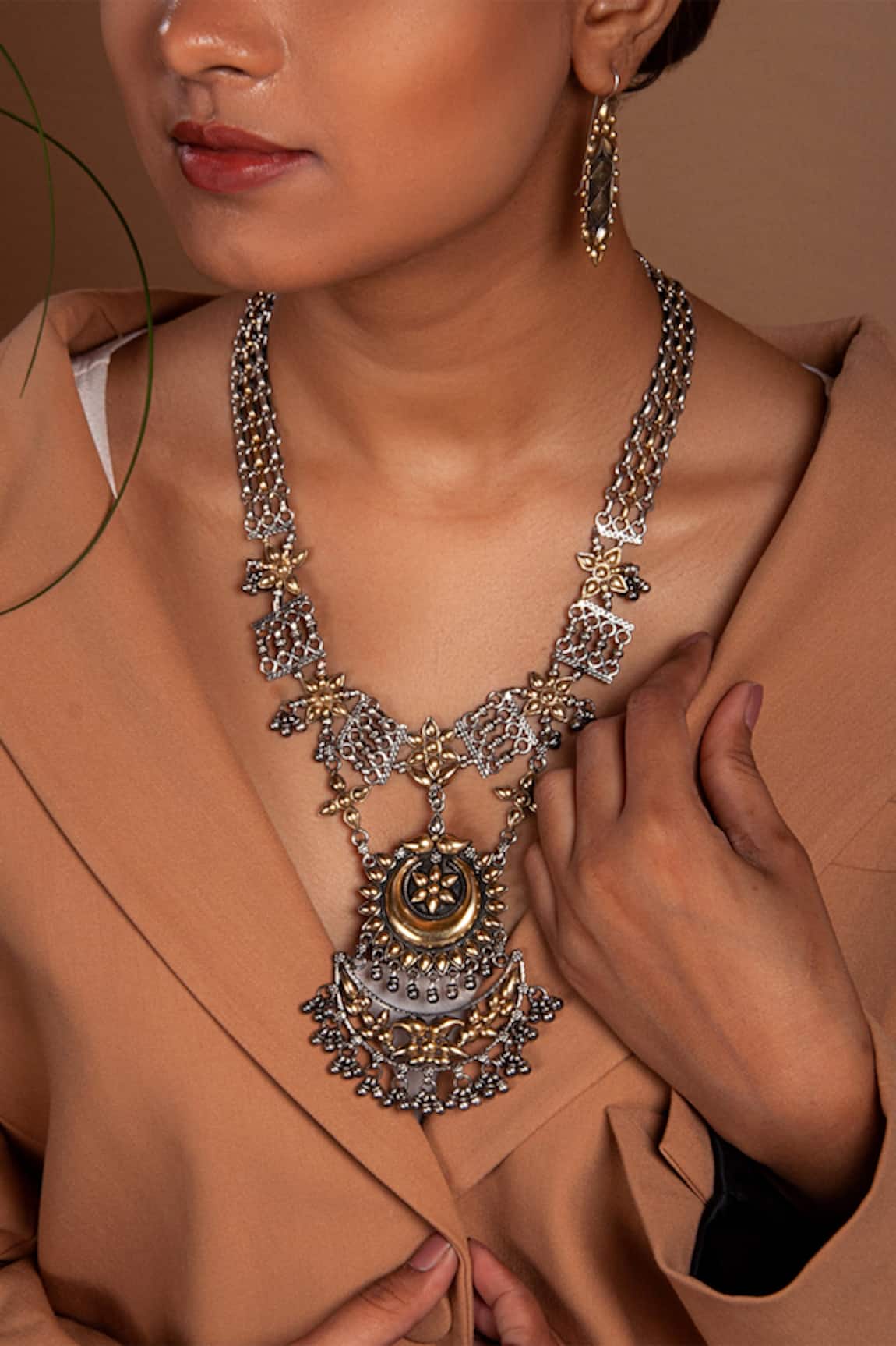 Neeta Boochra Half Crescent Carved Pendant Necklace