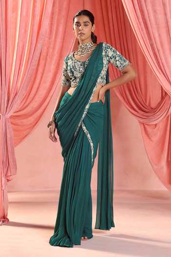 Seema Thukral Floral Embroidered Pre-Draped Saree With Blouse 