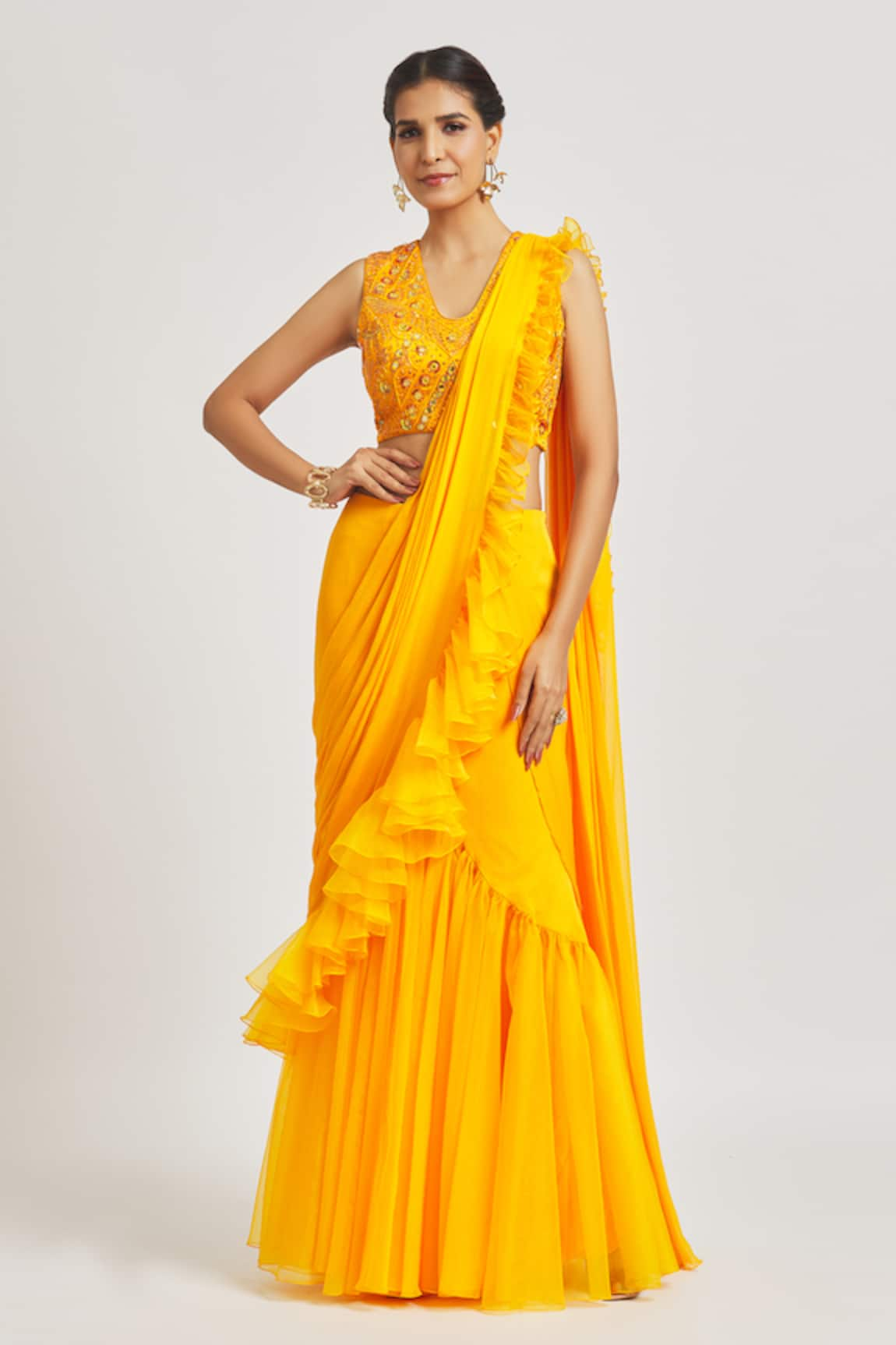 Asaga Pre-Draped Ruffle Saree With Hand Embroidered Blouse