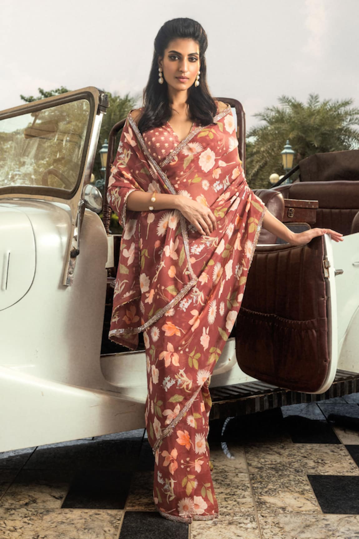 Dohr India Anchal Printed Pre-Draped Saree With Unstitched Blouse