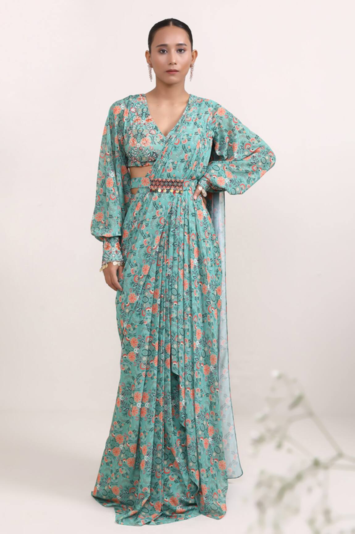 Miku Kumar Magnolia Floral Print Pre-Draped Saree With Choli 