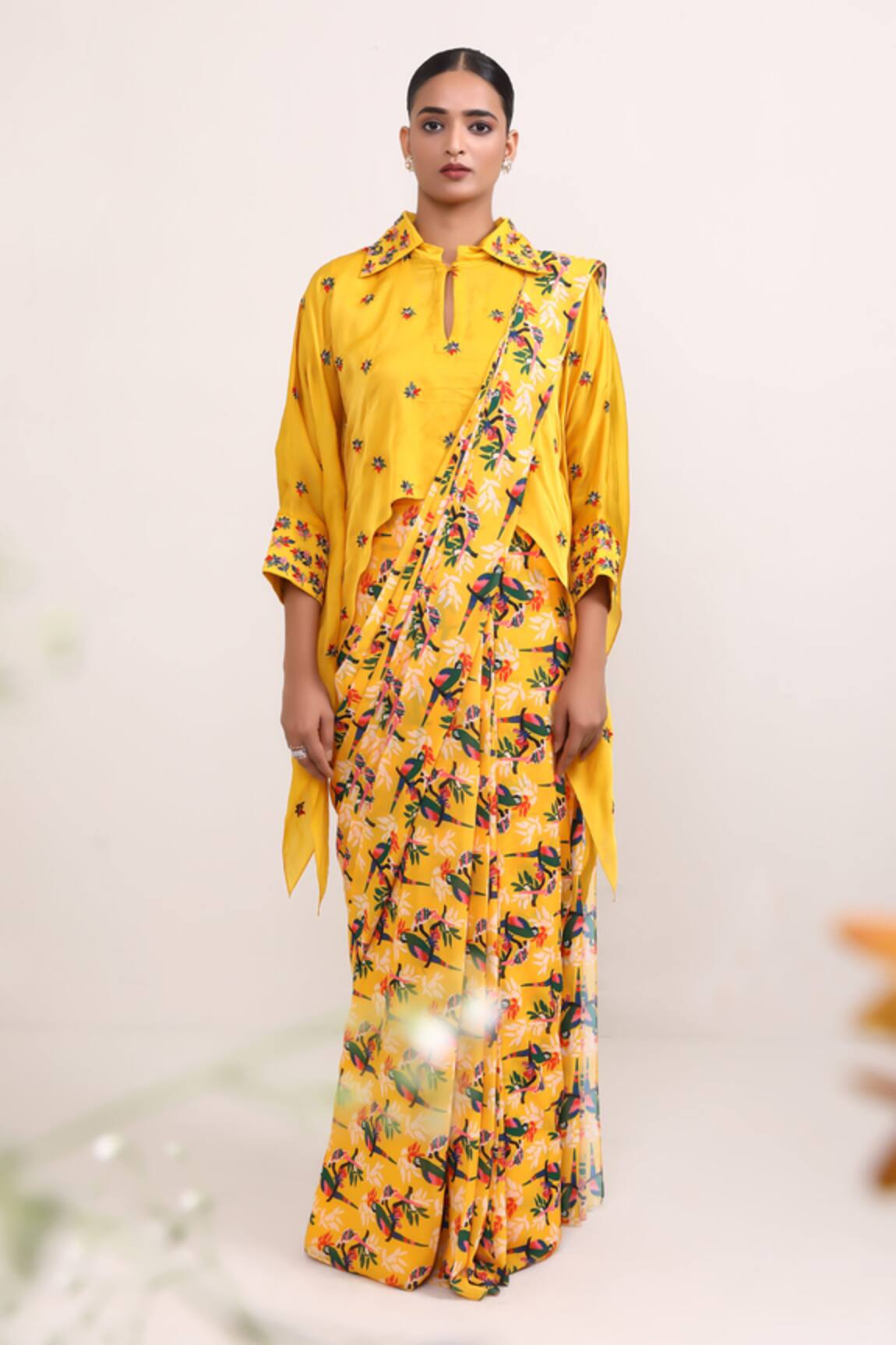 Miku Kumar Marigold Printed Pre-Draped Saree With Cape 
