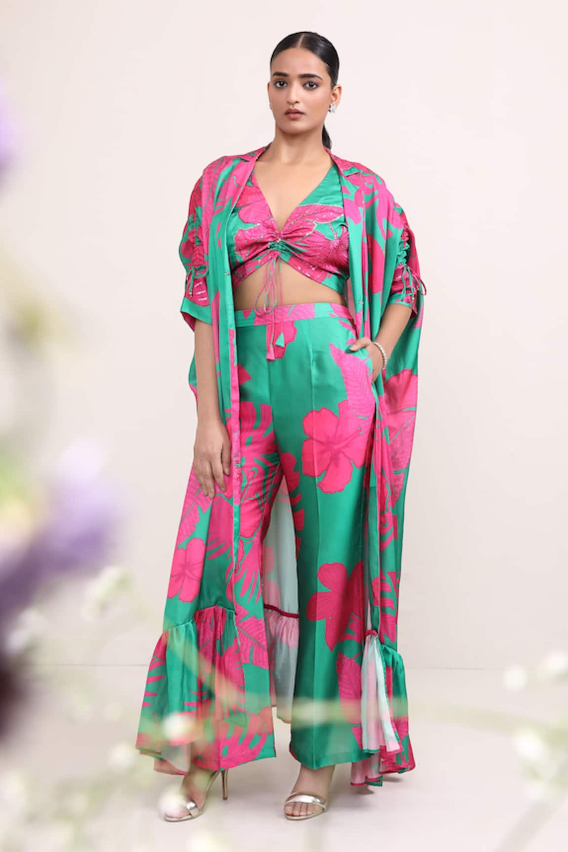 Miku Kumar Silk Lily Print Cape Flared Pant Set 