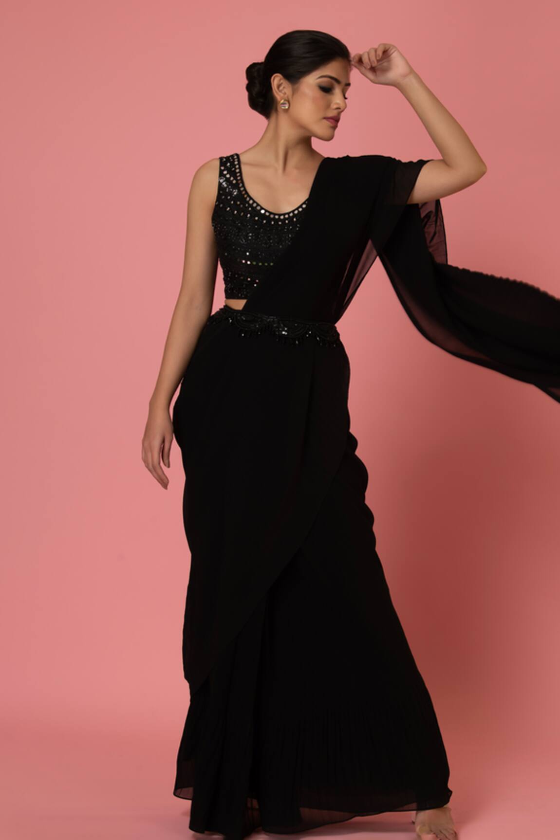 PREETI MEHTA Pleated Saree With Mirror Embroidered Blouse 