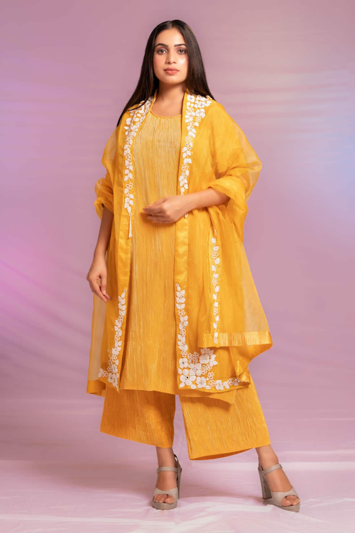 PREETI MEHTA Pleated Kurta Set With Flower Embroidered Dupatta