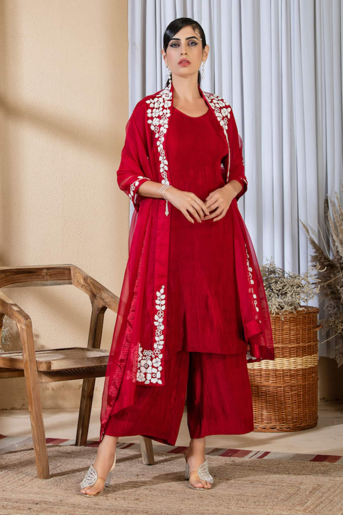 PREETI MEHTA Pleated Kurta Set With Floret Embroidered Dupatta