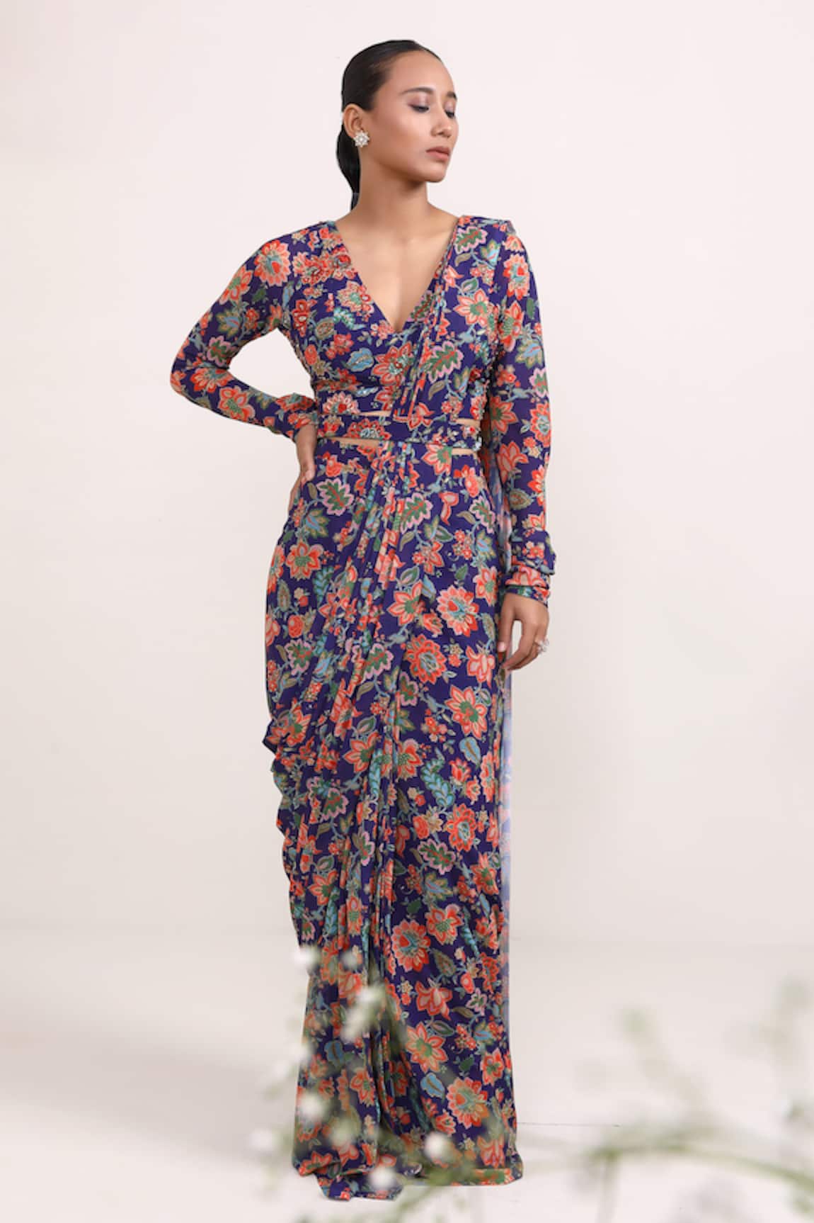 Miku Kumar Jasmine Print Pre-Draped Saree With Choli 