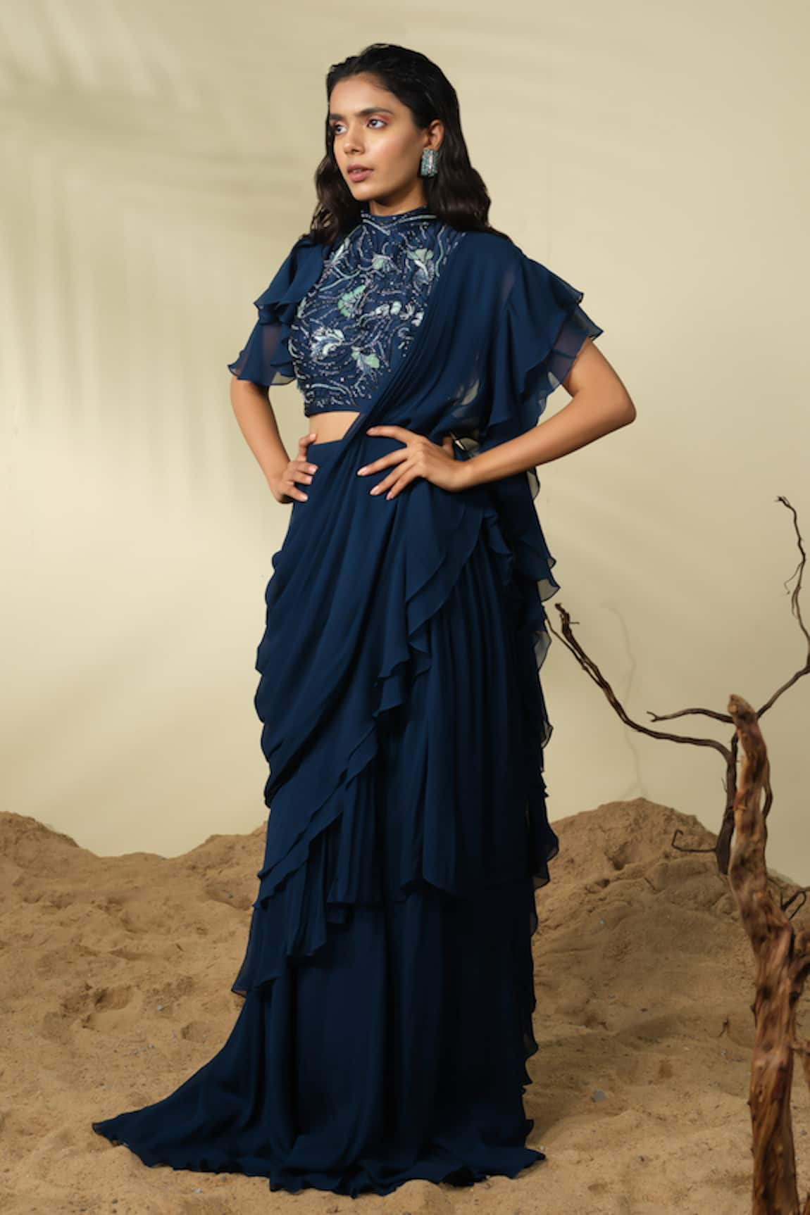 PIRI INDIA Rue Pre-Draped Ruffle Saree With Embroidered Blouse