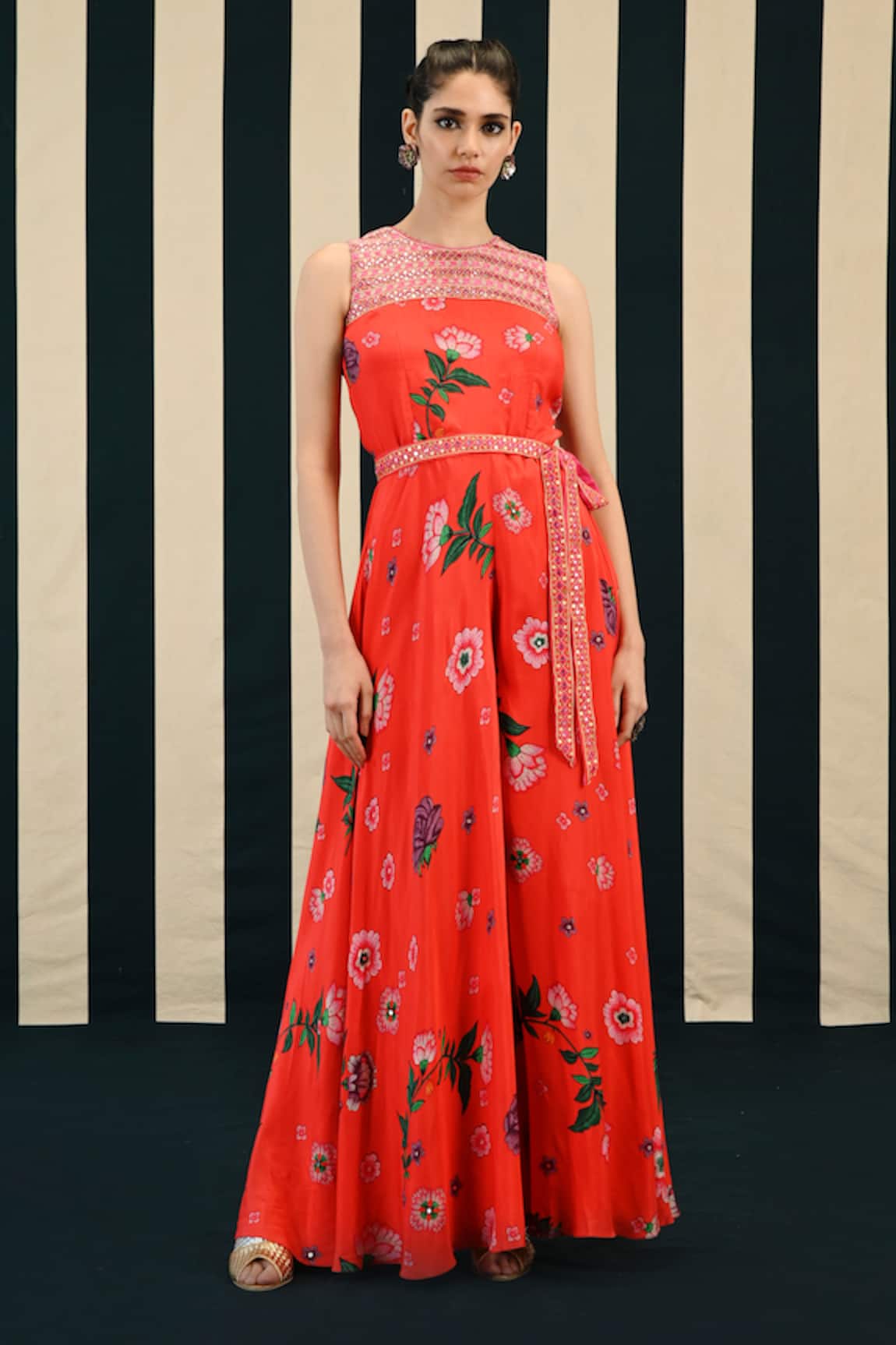 Swati Vijaivargie Chinar Poppy Bloom Print Jumpsuit With Belt