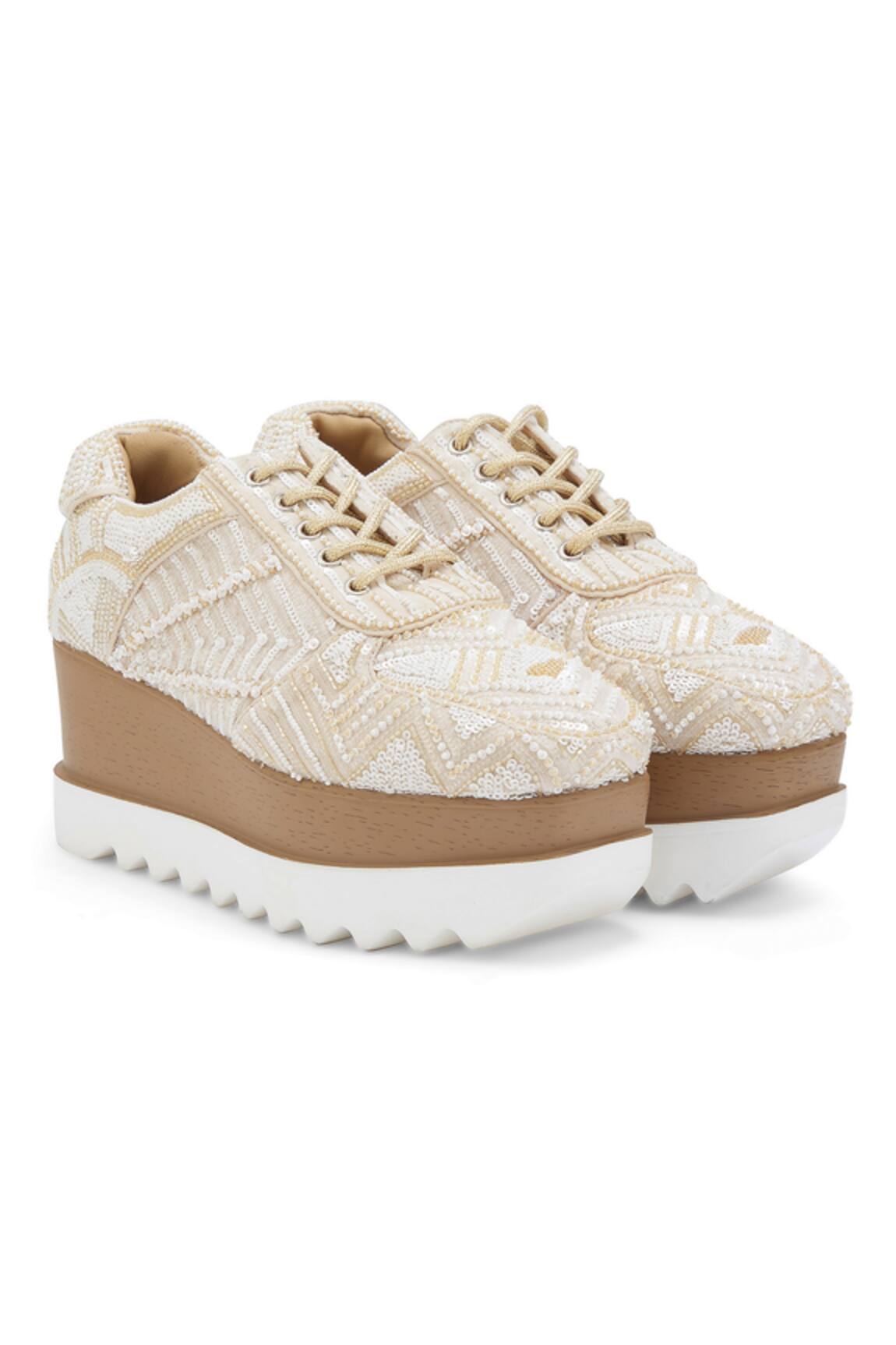 Anaar Latte Folk Embroidered Wedge Sneakers 