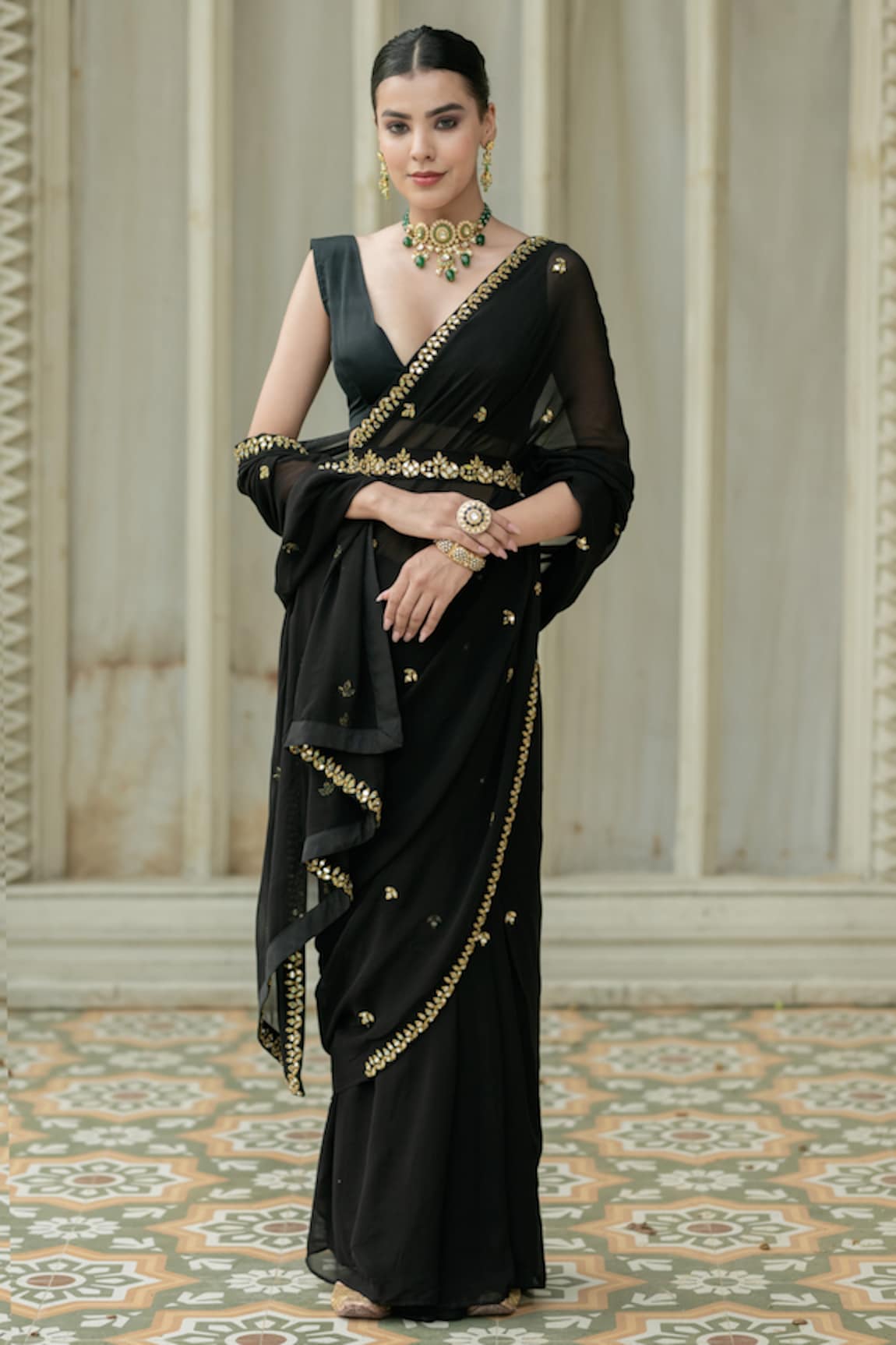 Esha Koul Embroidered Pre-Draped Saree With Blouse