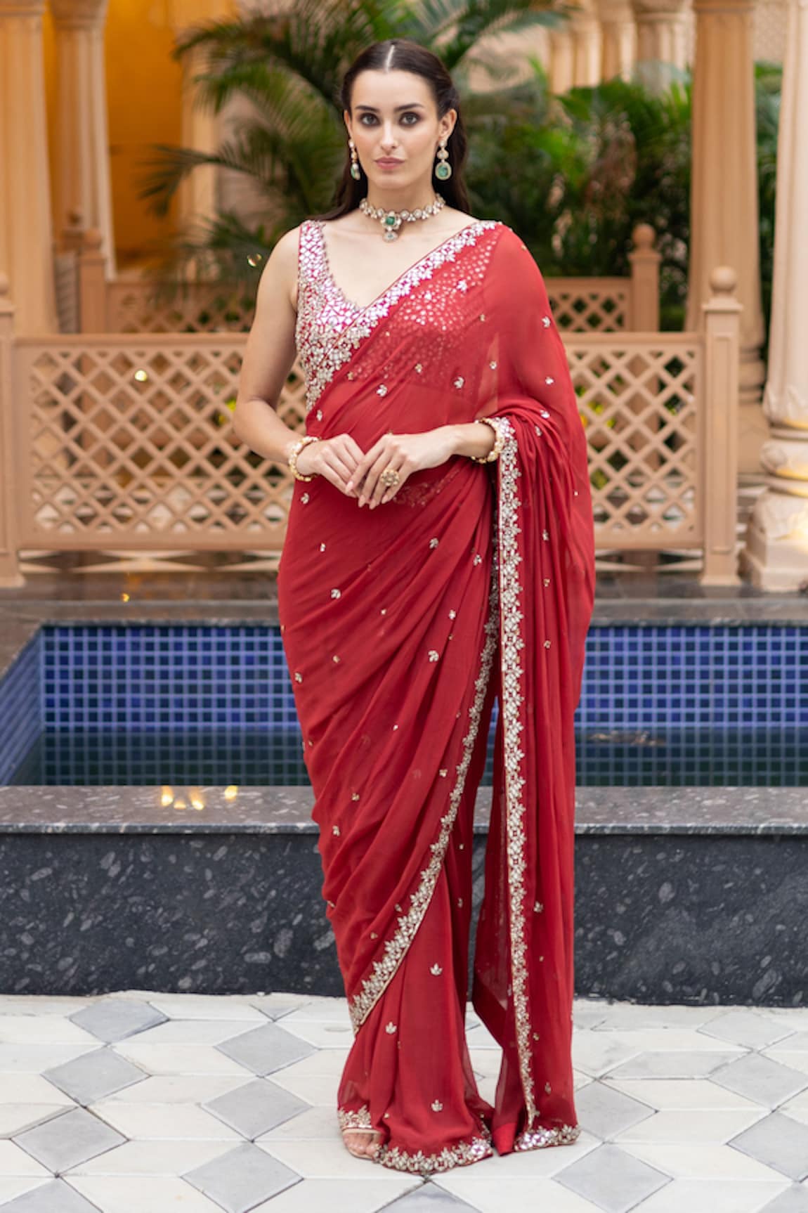 Esha Koul Mirror Embroidered Pre-Draped Saree With Blouse