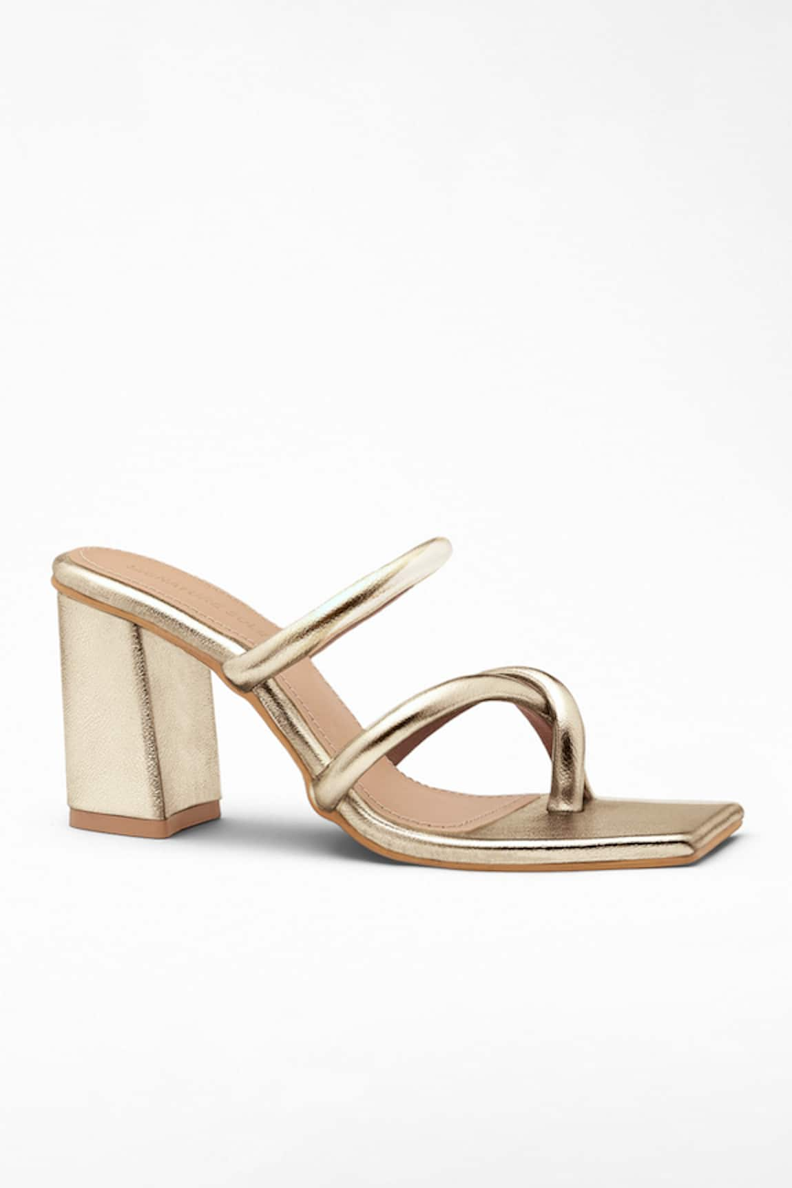 Signature Sole Cross Strap Metallic Block Heels