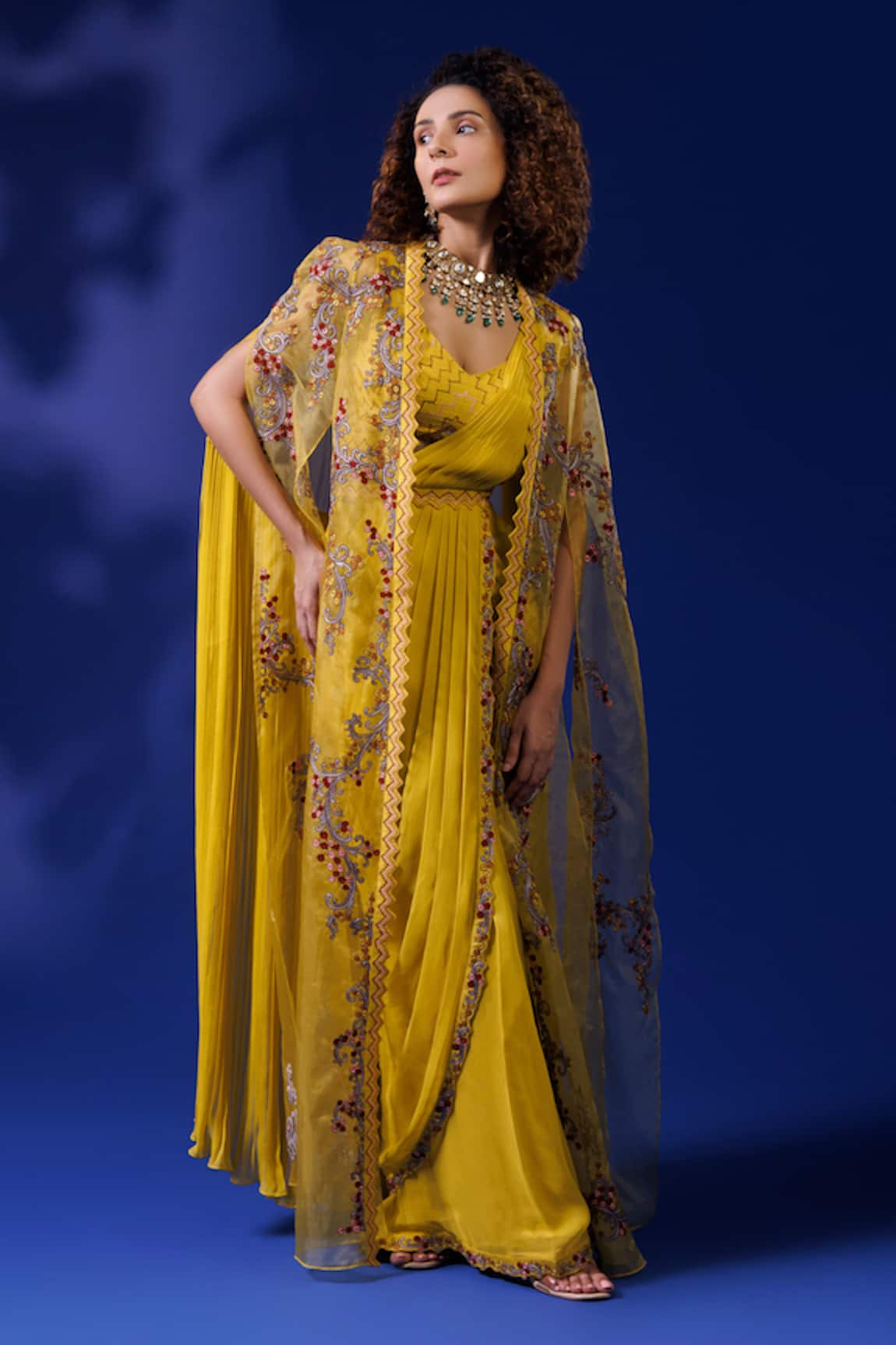 Rishi and Soujit Embroidered Cape Pre-Draped Saree Set