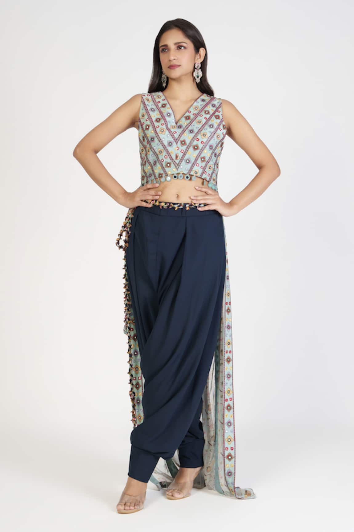 Rishi and Soujit Floral Embroidered Crop Top & Dhoti Pant Set