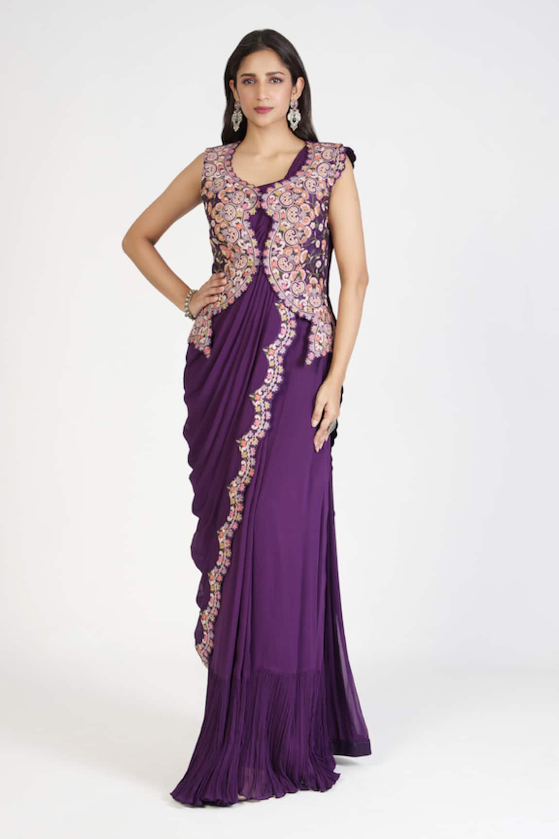 Rishi and Soujit Scallop Border Embroidered Pre-Draped Saree With Blouse