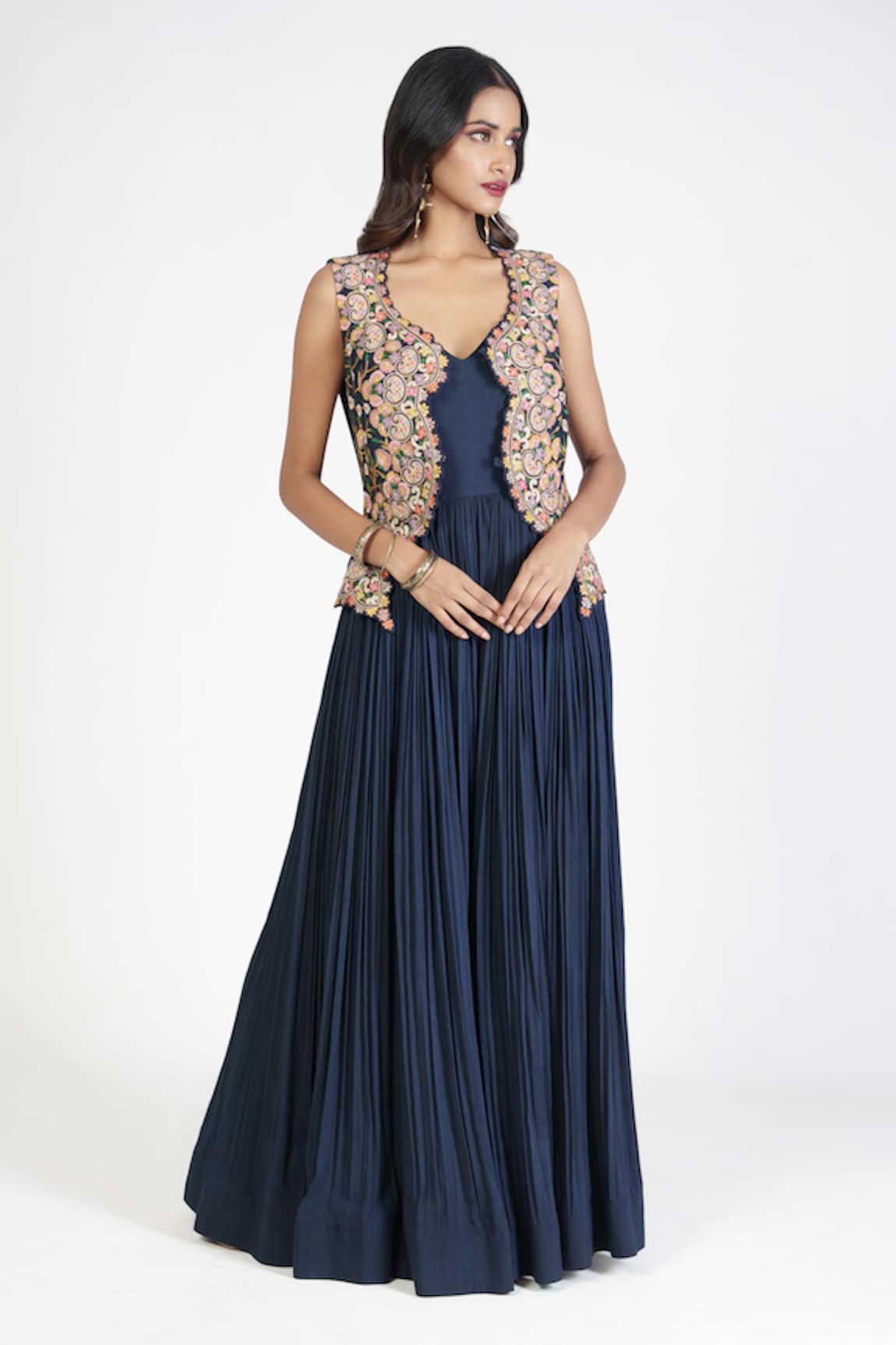 Rishi and Soujit Cotton Silk Pleated Jumpsuit With Thread Embroidered Jacket