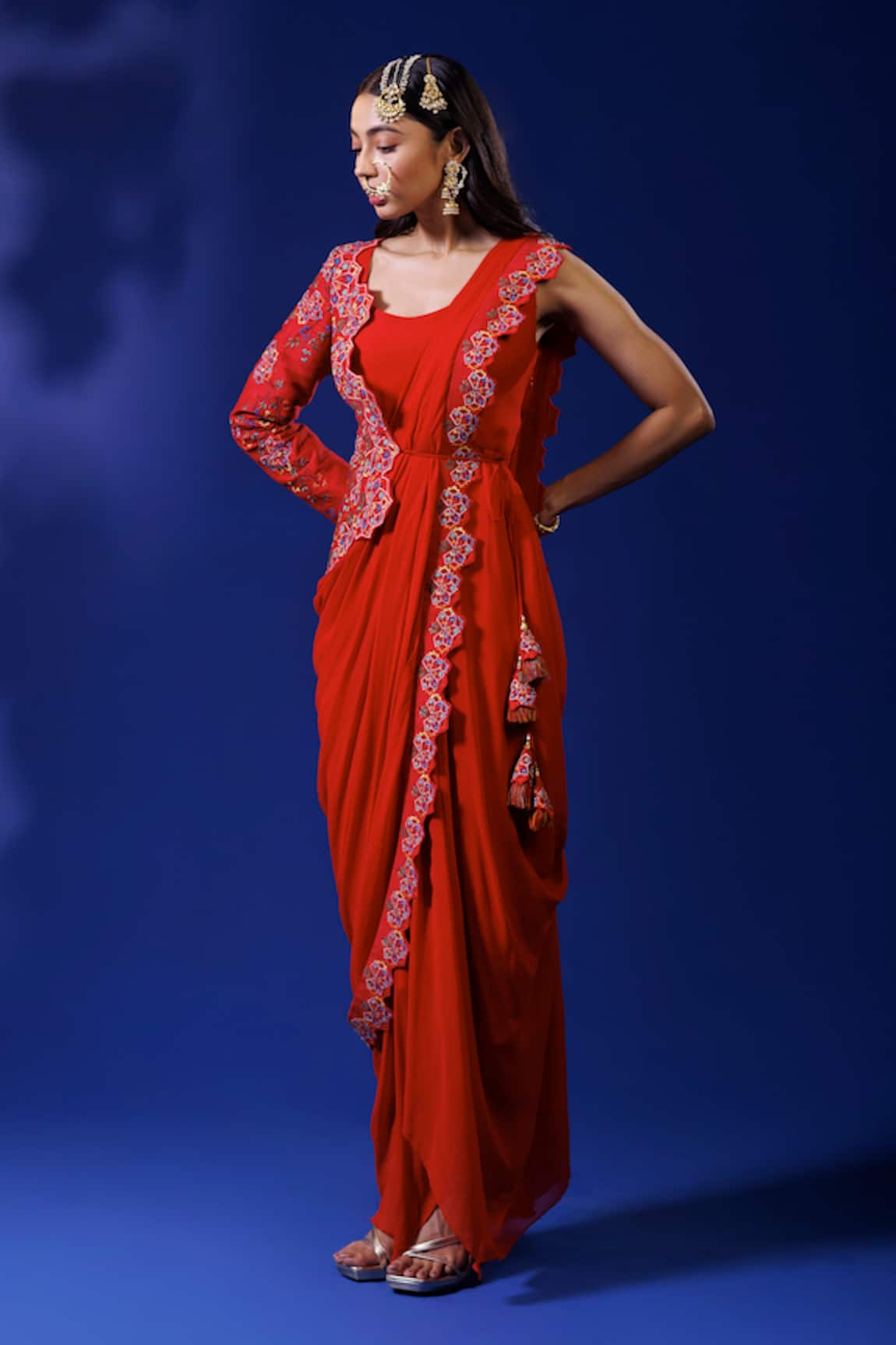 Rishi and Soujit Floral Embroidered Saree Gown With Dupatta