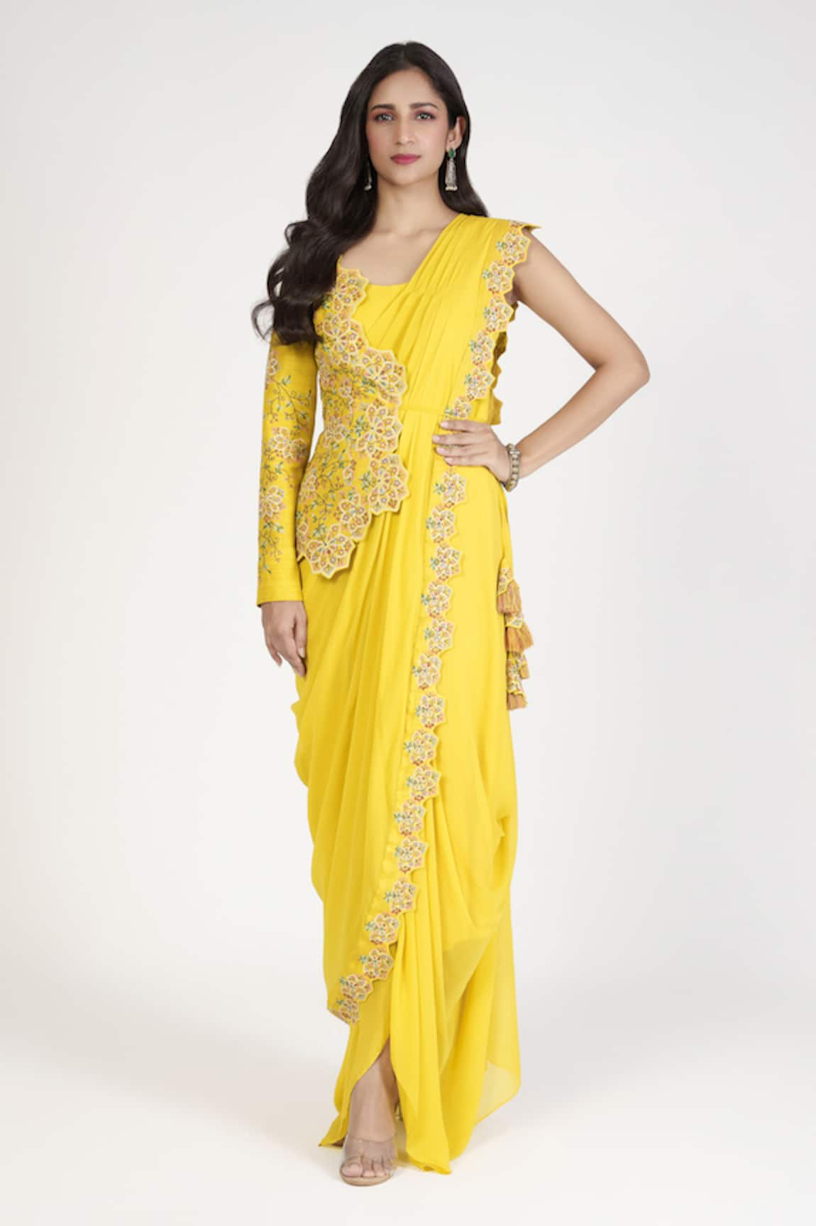 Rishi and Soujit Thread Work Saree Gown With Dupatta