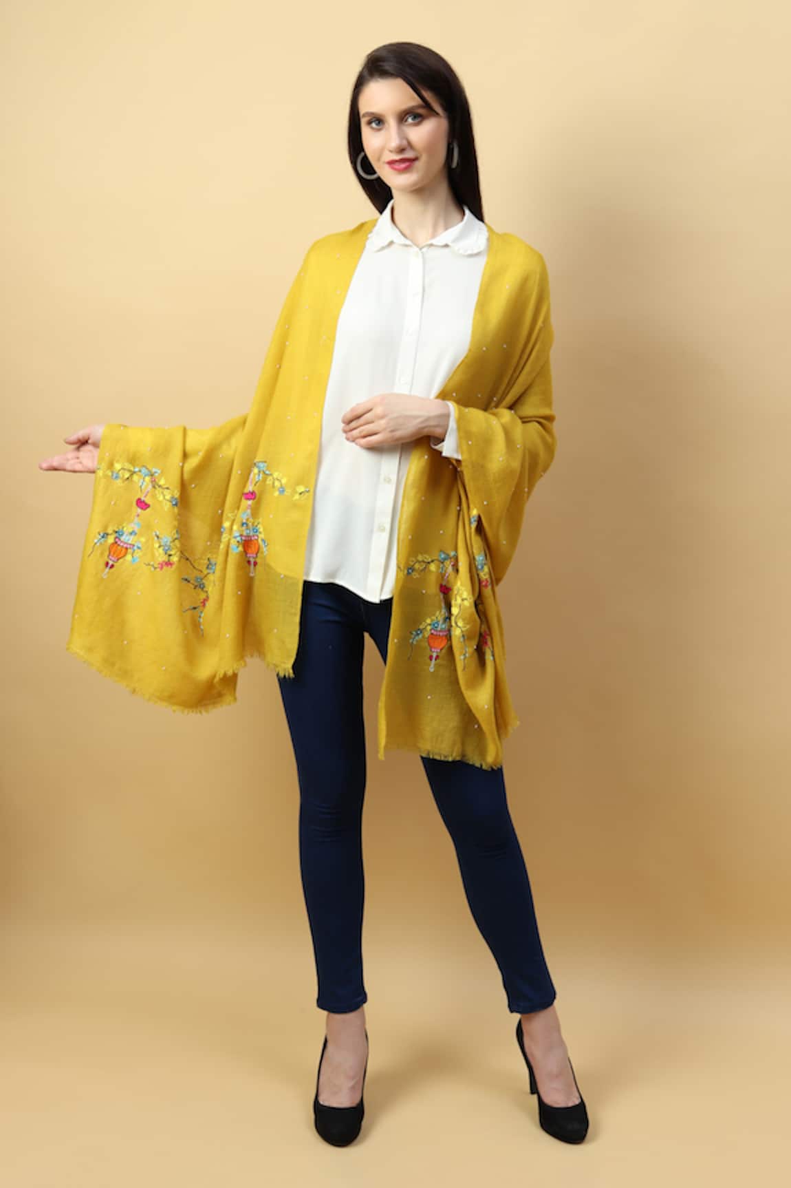 Modarta Pashmina Floral Basket Embroidered Shawl 