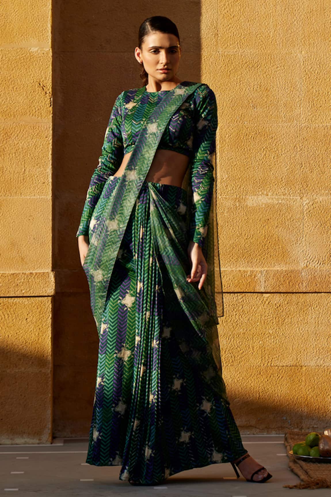 Amrood Printed Pre-Draped Saree With Blouse