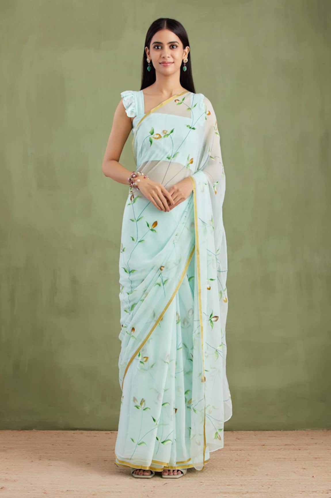 Geroo Jaipur Flower Hand Painted Saree With Unstitched Blouse Piece
