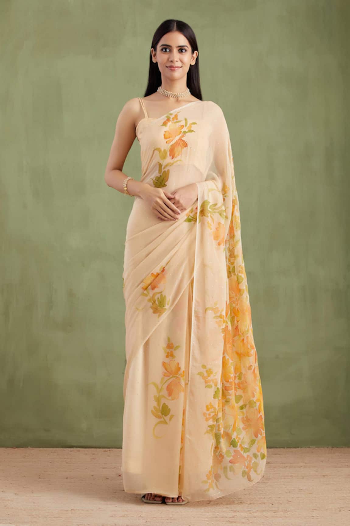 Geroo Jaipur Blooming Hand Painted Saree With Unstitched Blouse Piece