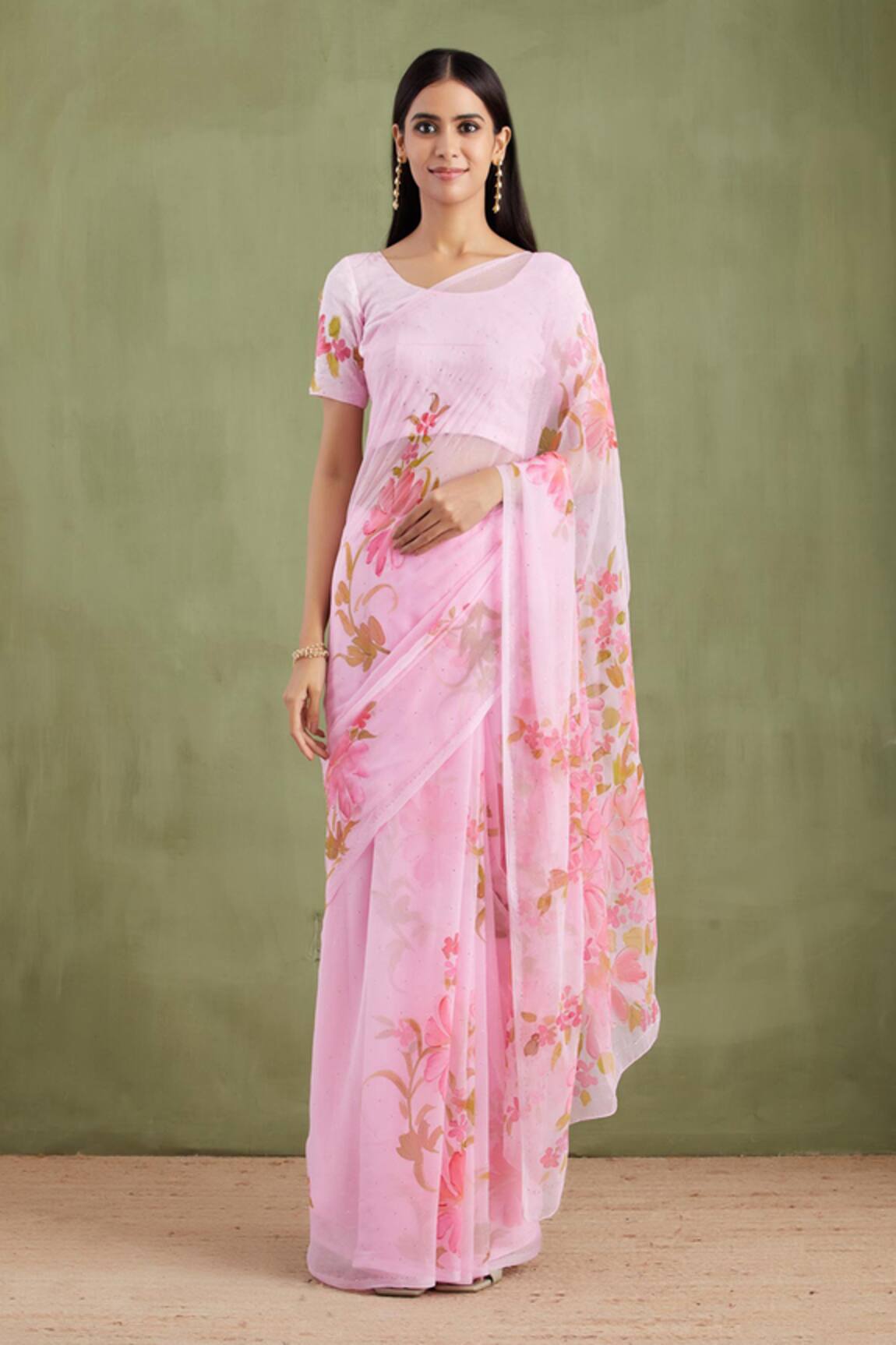 Geroo Jaipur Handpainted Floral Saree With Unstitched Blouse