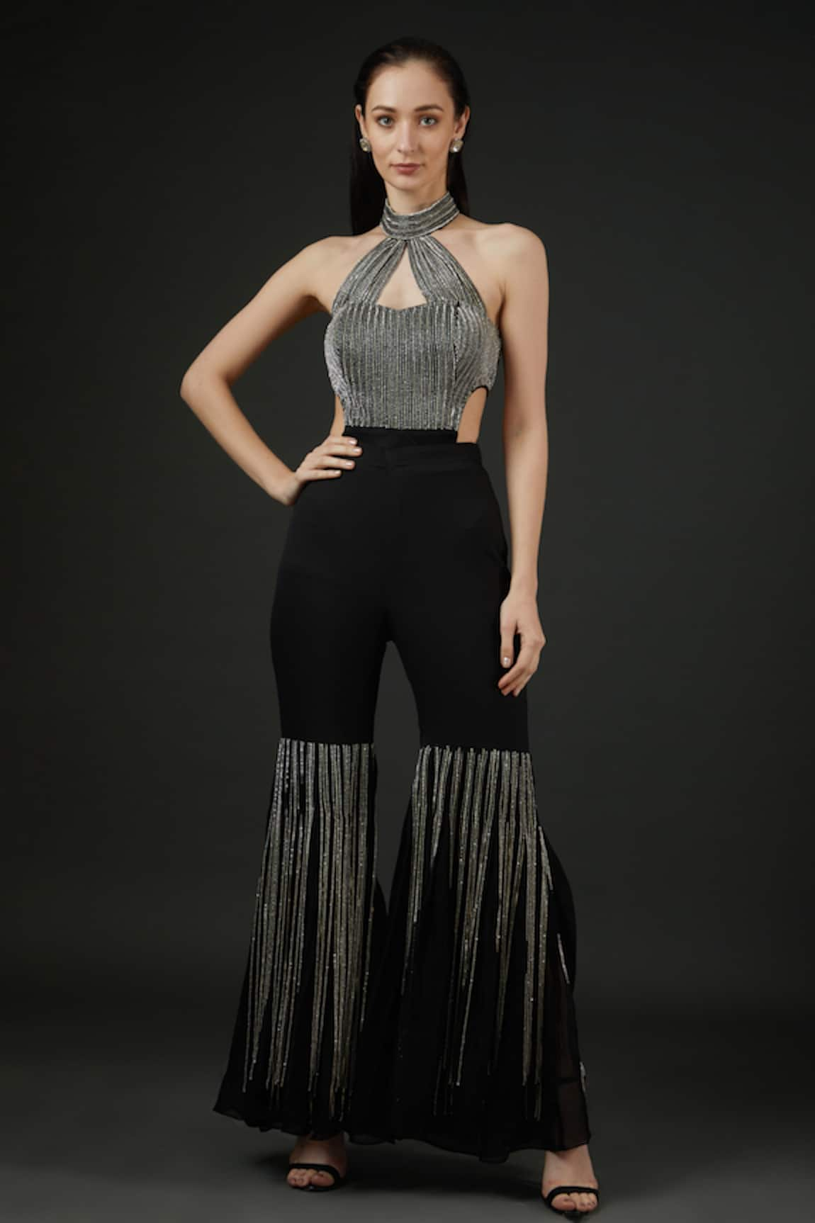 Vedika Soni Stripe Embroidered Bodysuit & Bell Bottom Pant Set