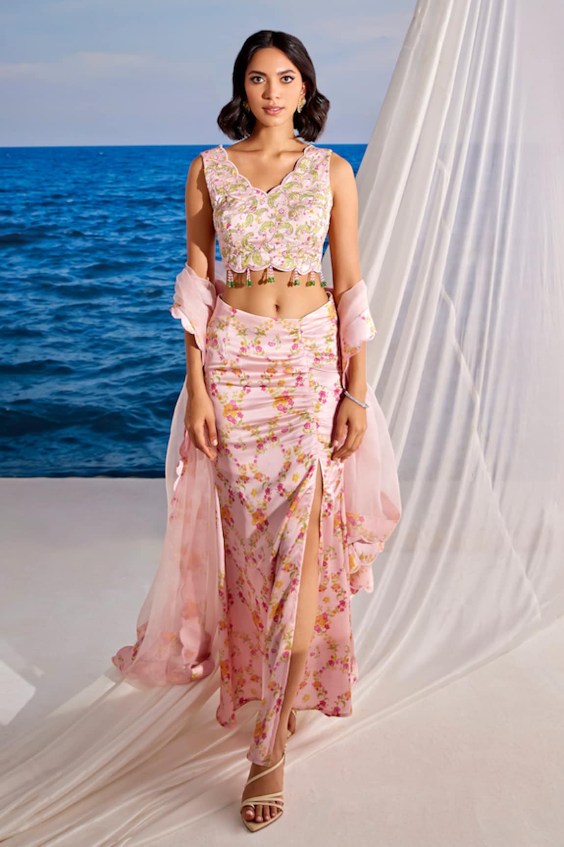 Tarini Vij Aliza Floral Print Draped Skirt Set