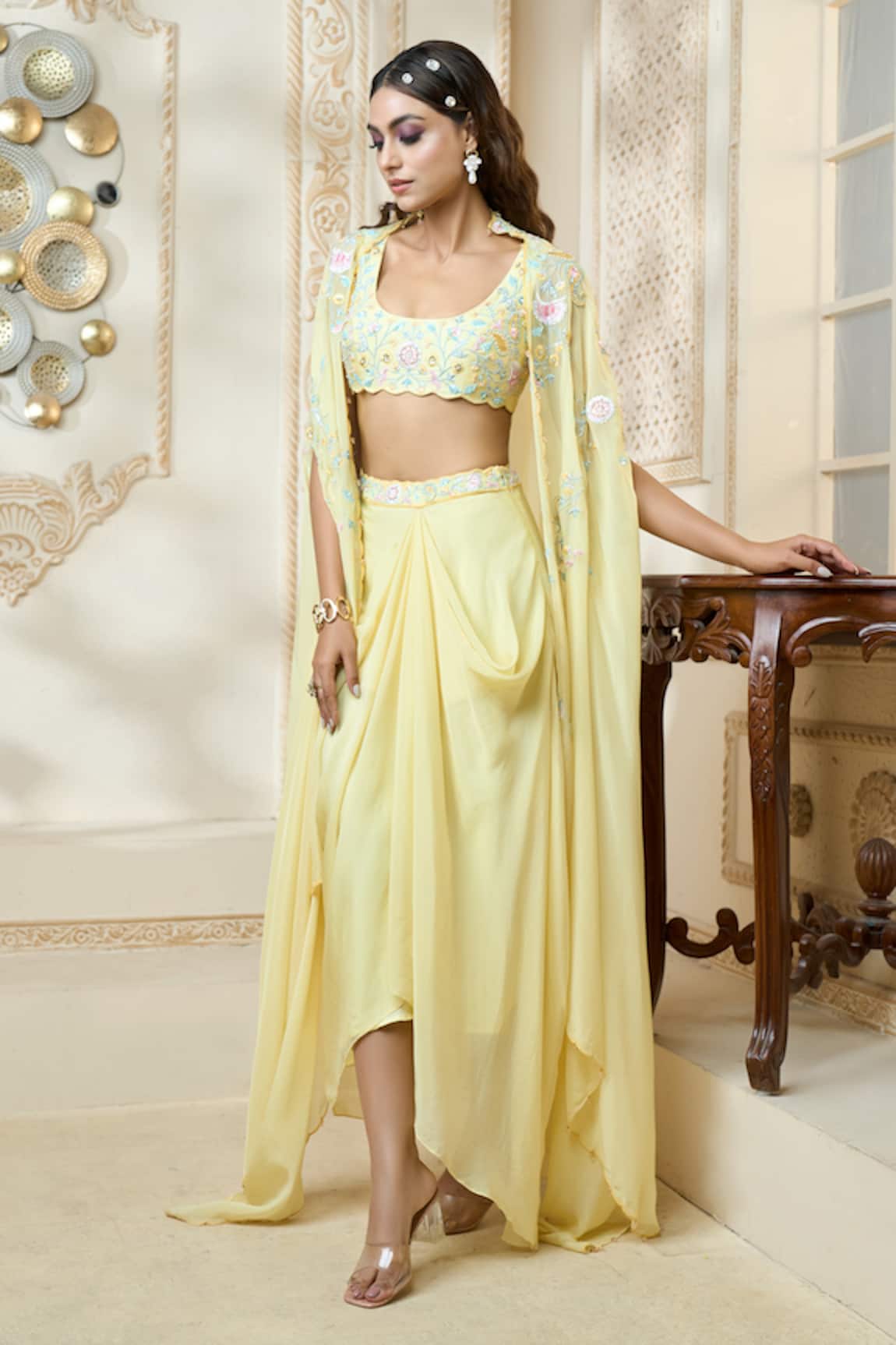 Aariyana Couture Draped Skirt Set With Embroidered Long Cape