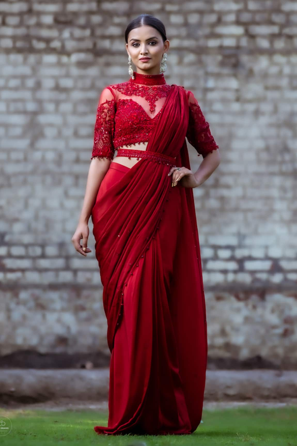 Sangeeta Swati Pre-Draped Saree With Embroidered Blouse