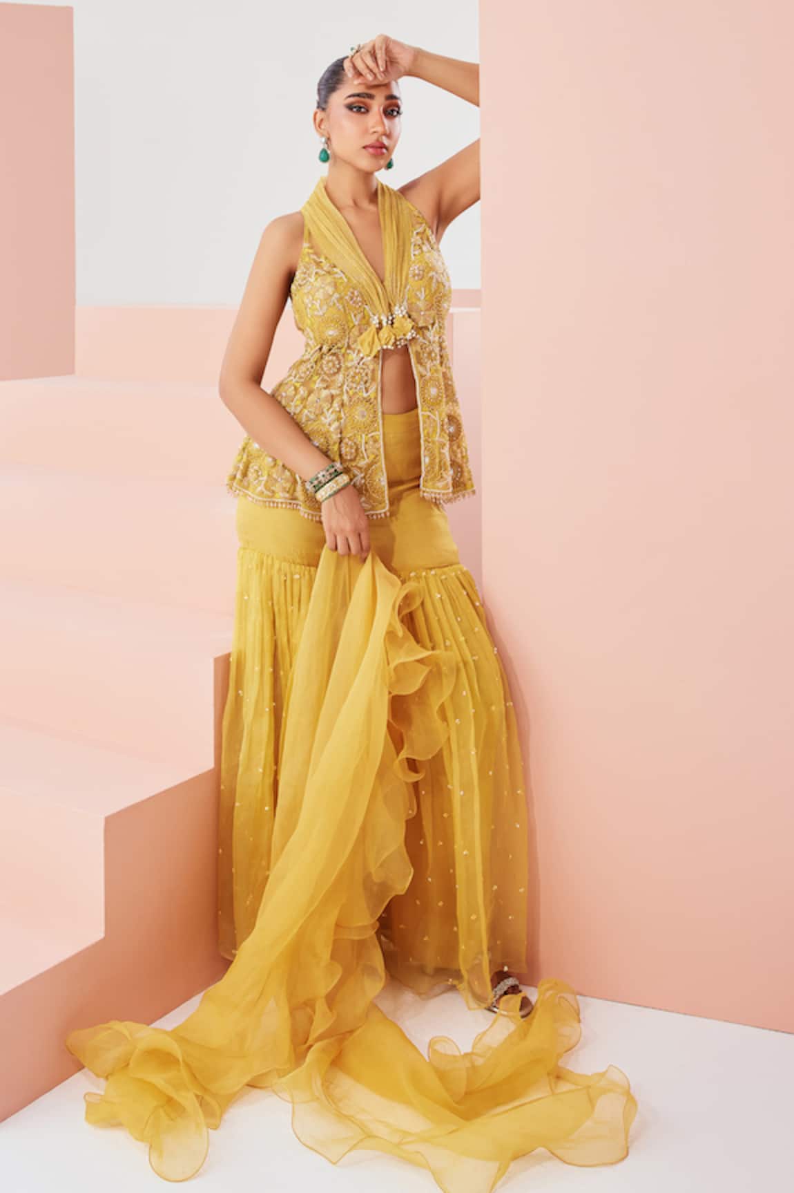 Awigna Floral Embroidered Yellow Kurta Sharara Set