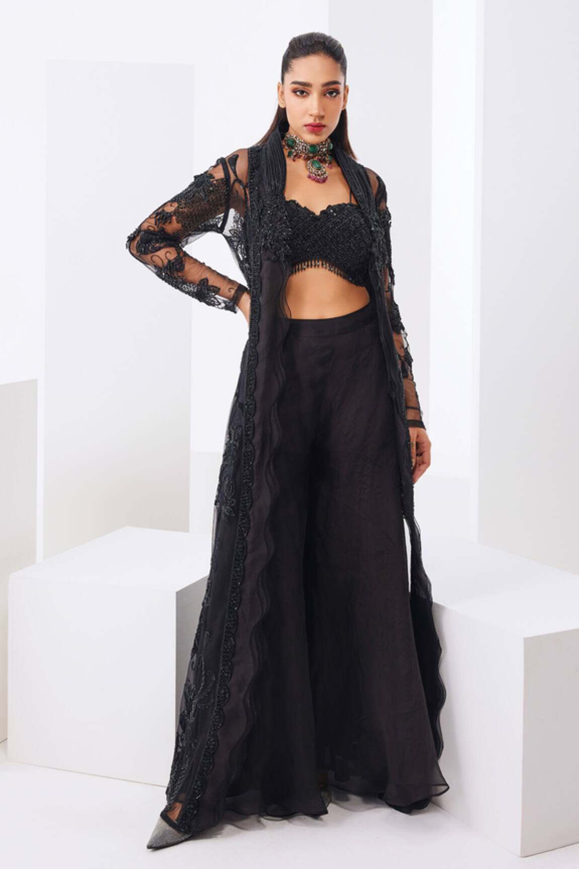 Awigna Floral Embroidered Black Cape & Palazzo Set