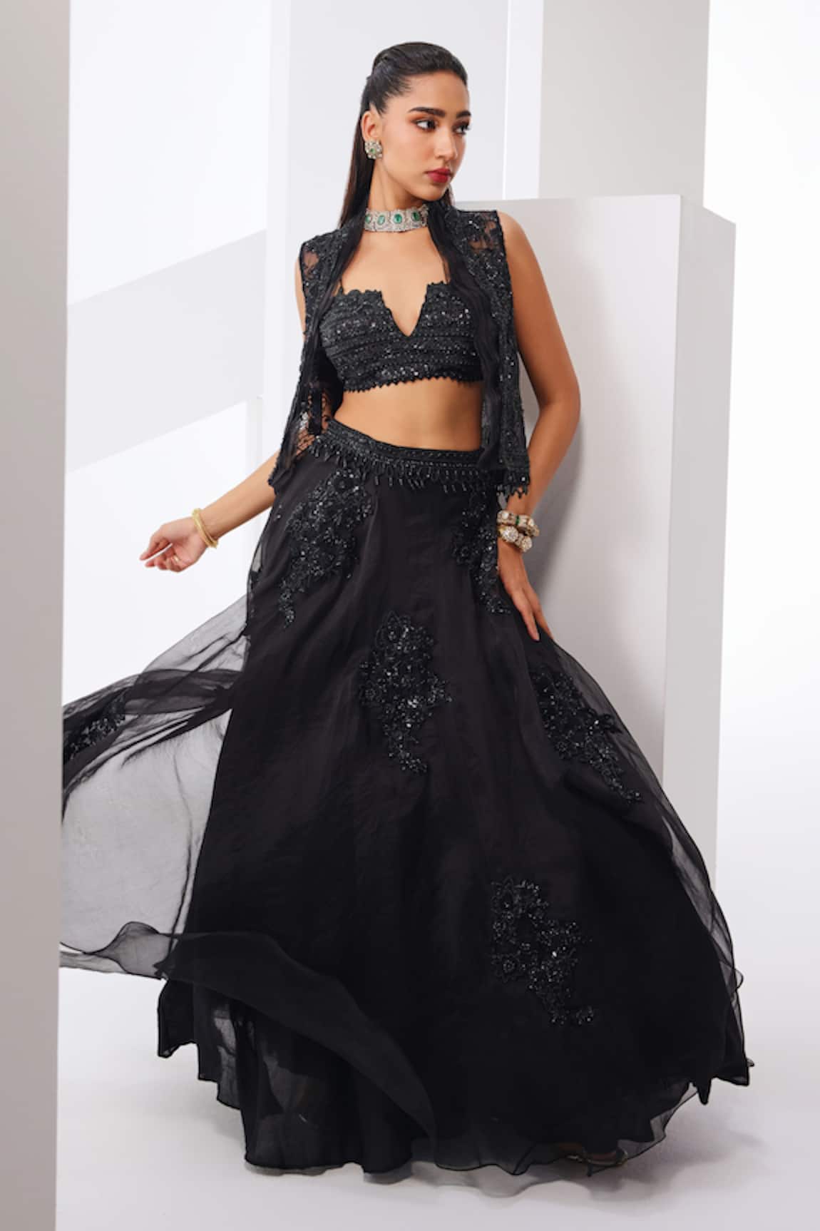 Awigna Black Cutdana & Sequin Embroidered Lehenga Set 